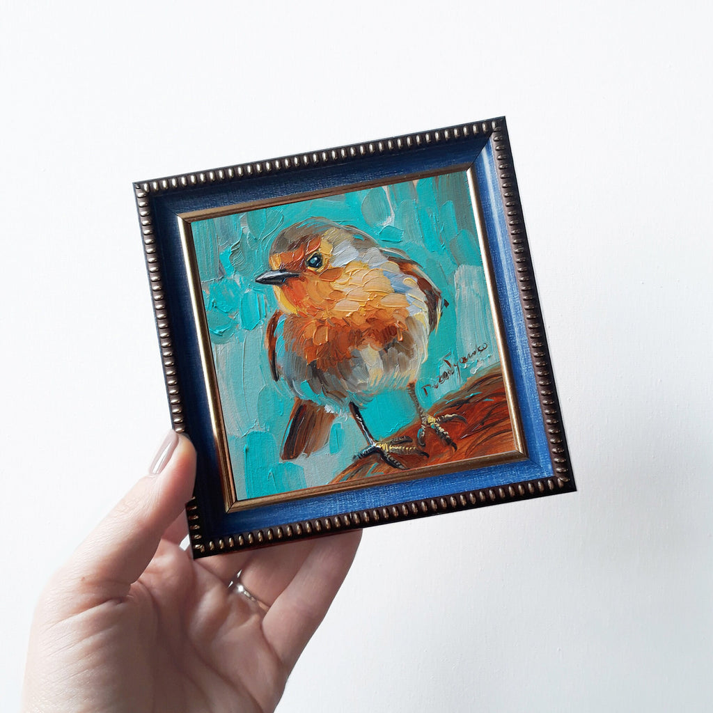 Uccello dipinto originale, pittura d'arte uccello Robin, pittura in miniatura 4x4, regalo per papà, regalo per la festa della mamma