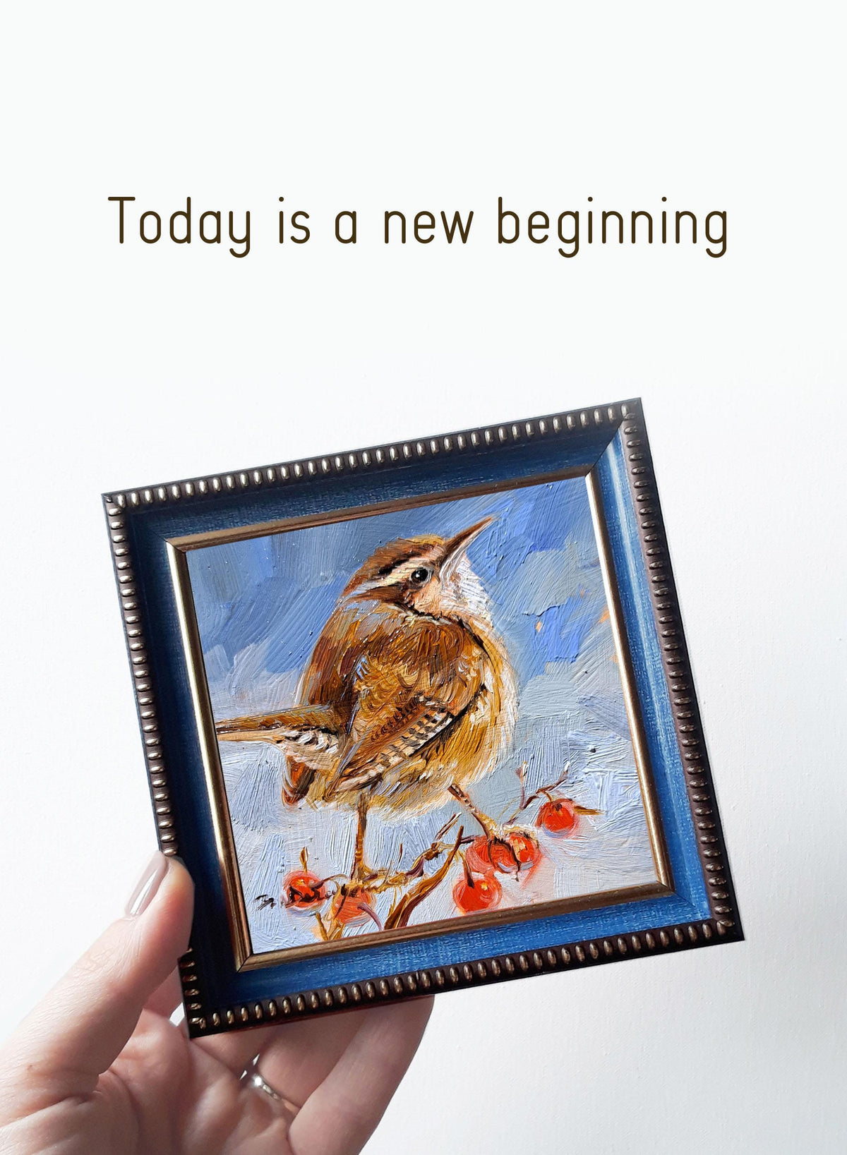 Carolina wren bird painting original 4x4 inch