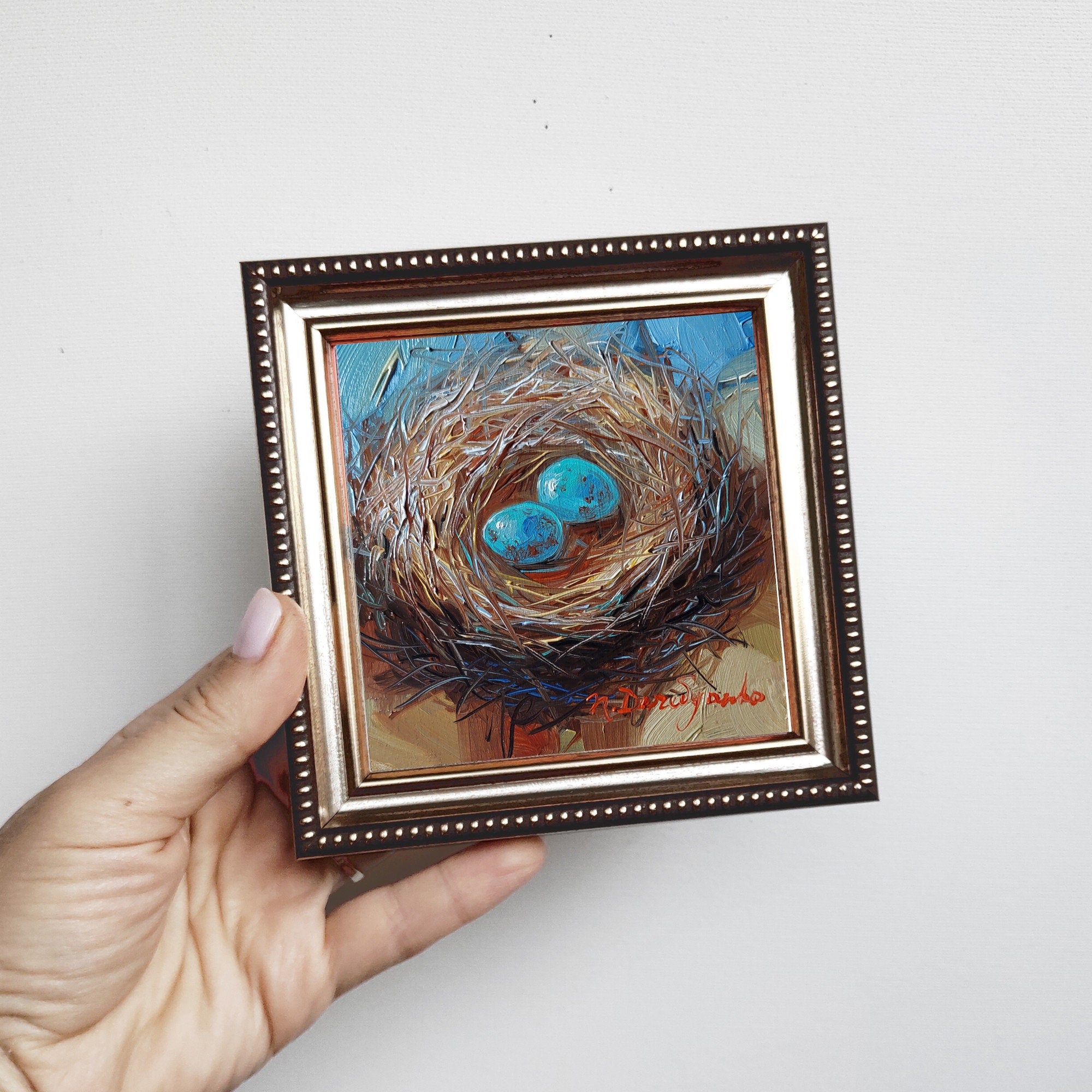 Nest oil painting original 4x4 in frame, Two blu bird egg miniature oil painting wall art framed, Small framed art Mom day gift