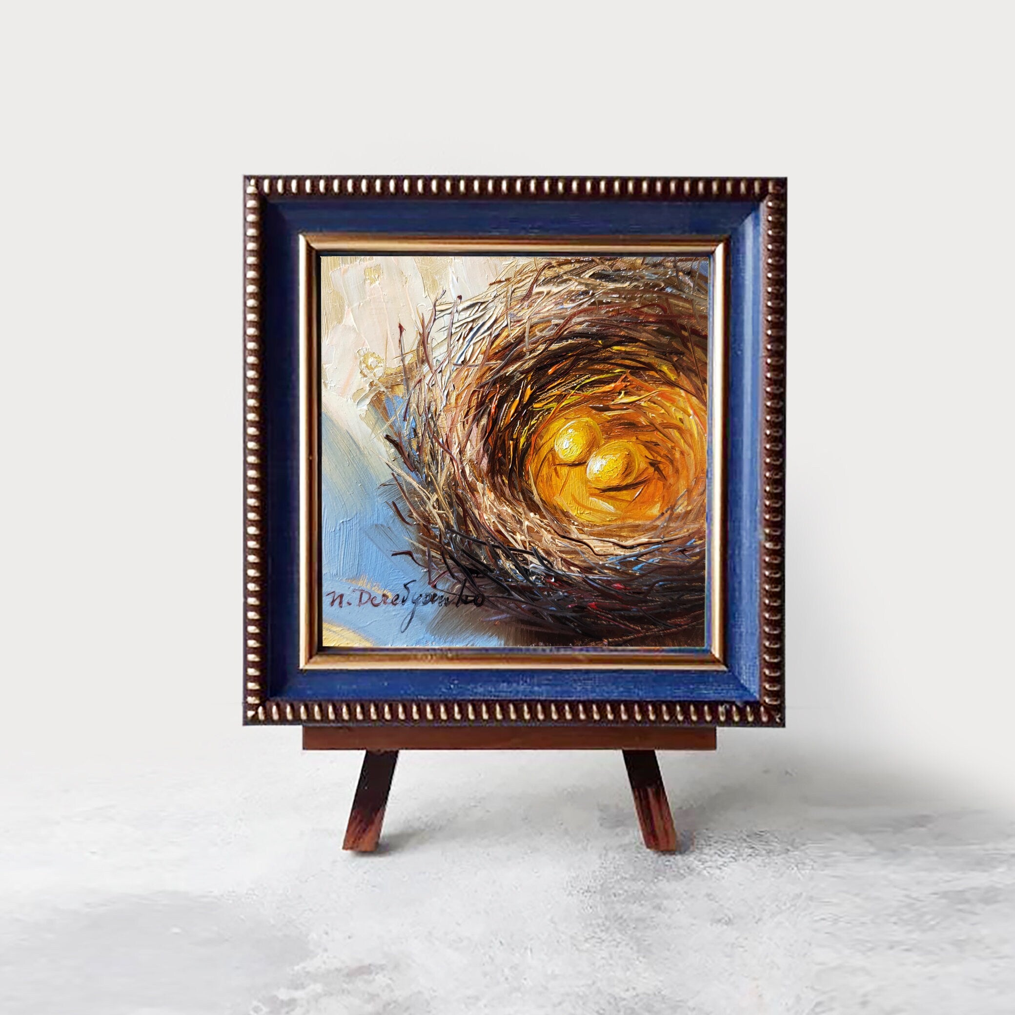 Nest bird oi painting original 4x4 in frame, Two gold egg miniature painting wall art framed, Small painting Valentines day gift