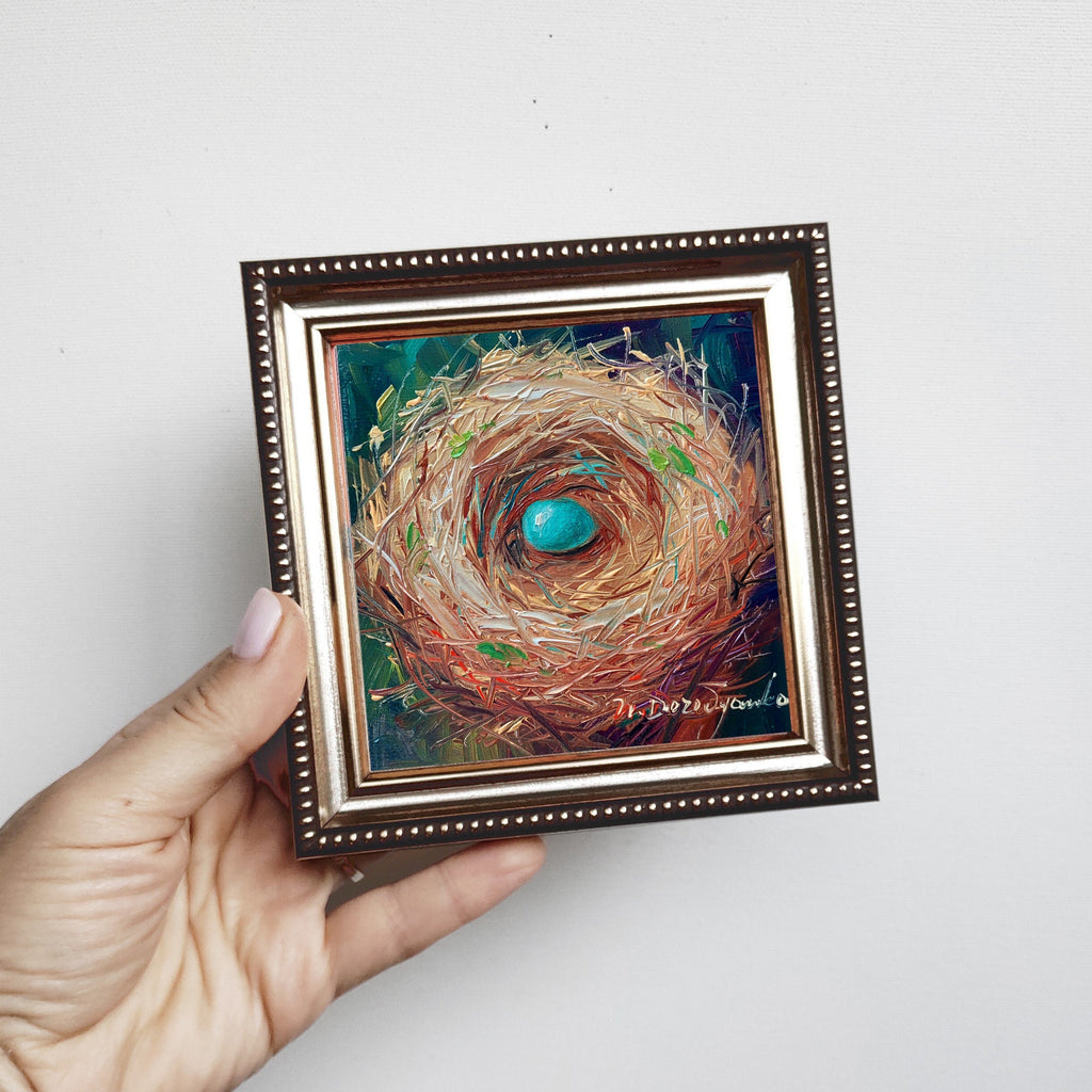 Nest oil painting original 4x4 in frame, Robin bird blue egg unique miniature painting wall art framed, Small painting Valentines day gift