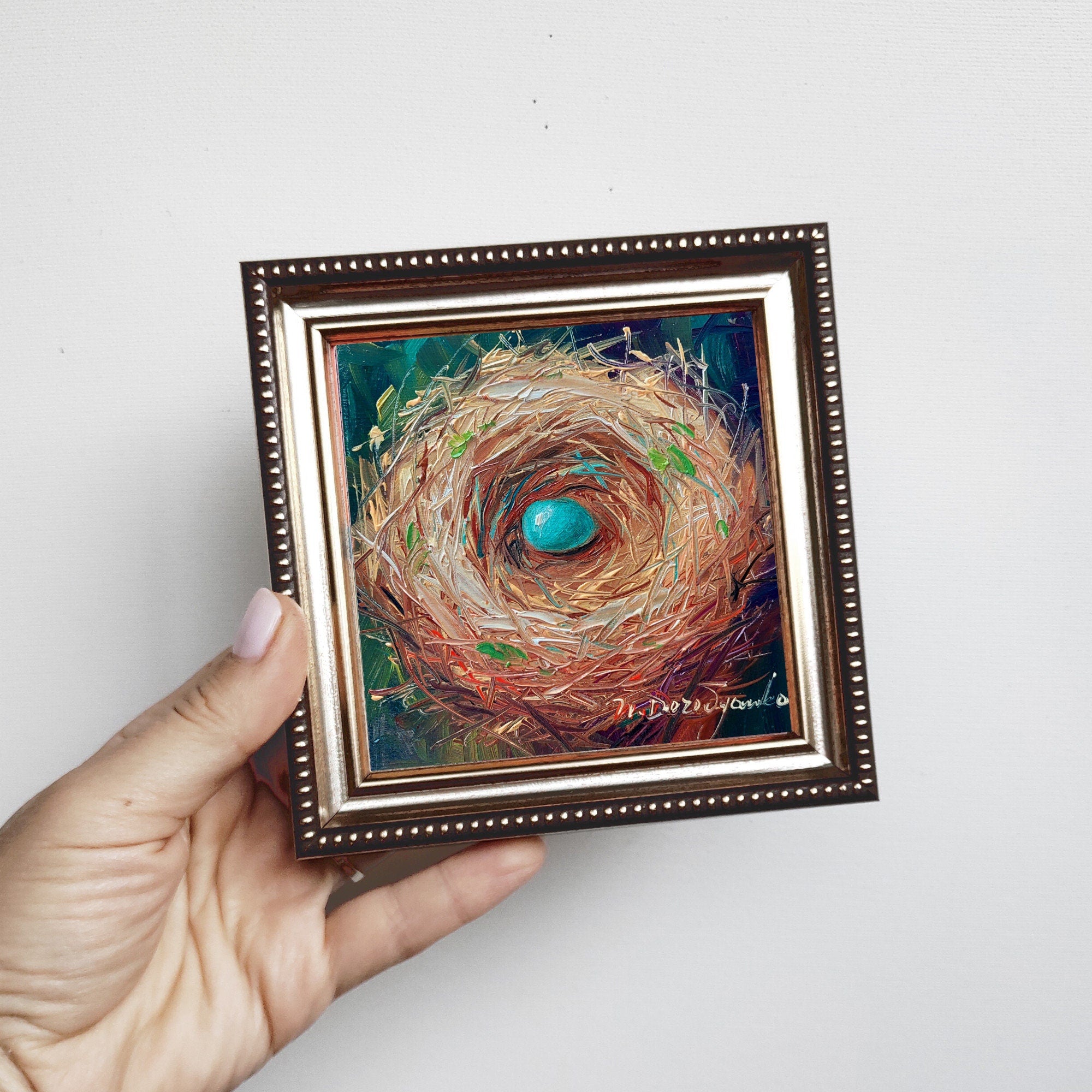 Nest oil painting original 4x4 in frame, Robin bird blue egg unique miniature painting wall art framed, Small painting Valentines day gift