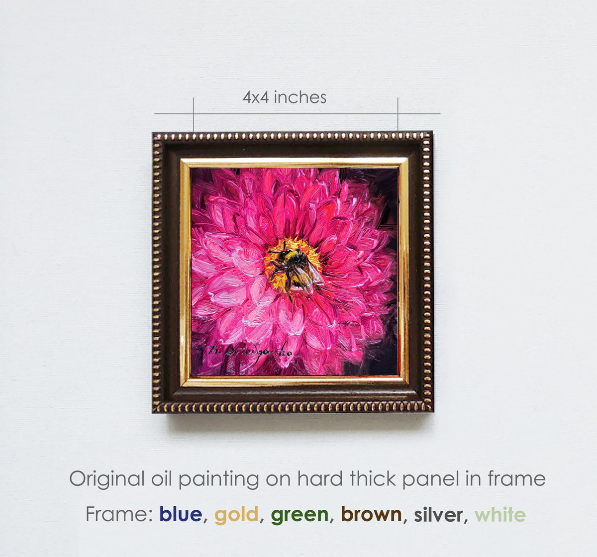 Bee on Dahlia flower Oil Painting Original 4x4 inch