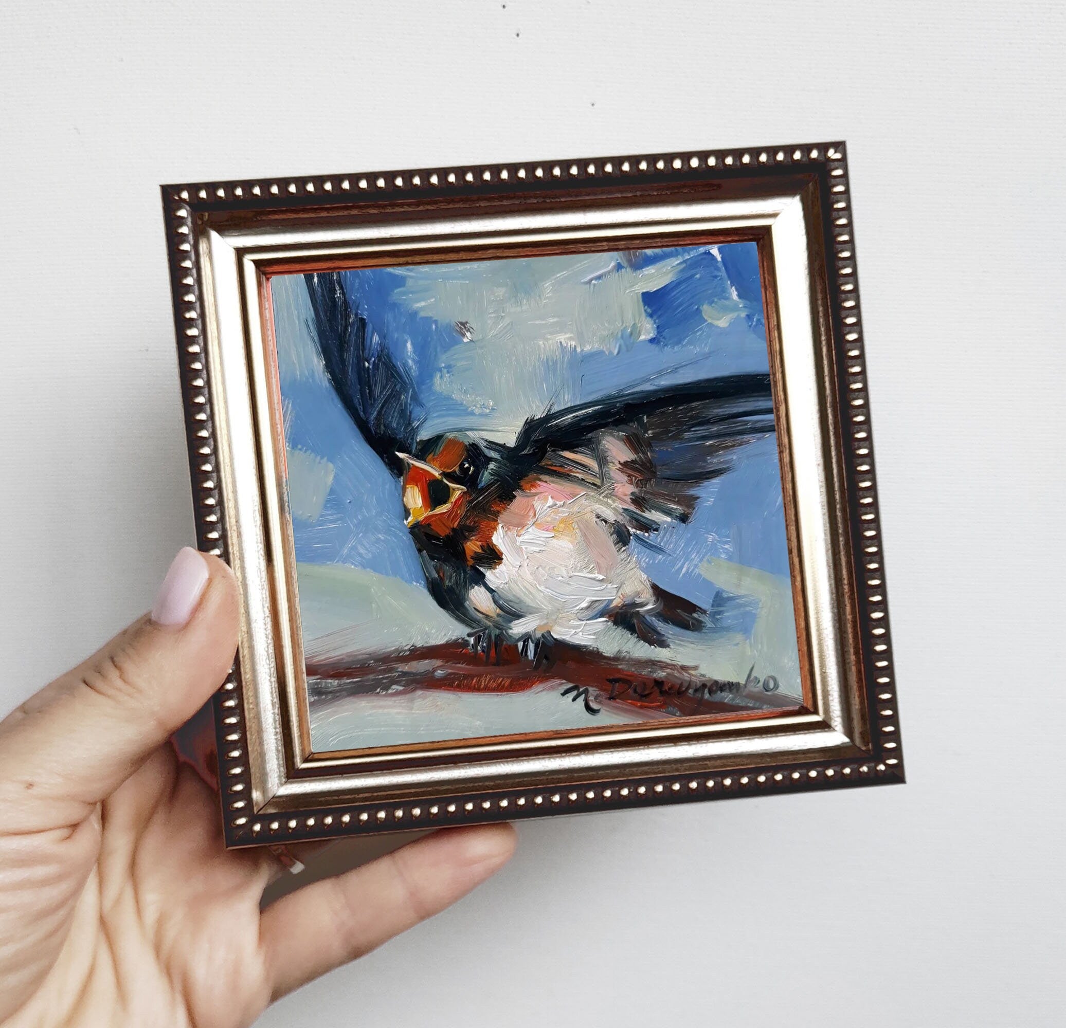 Swallow bird art painting 4x4 in frame, Cheeper picture framed, Yellow blind hand painted artwork for nursery