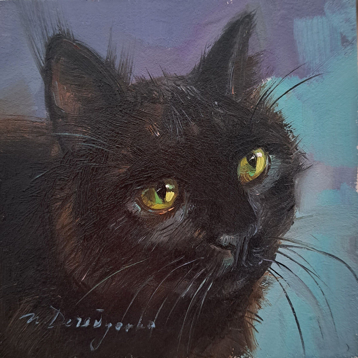 Black cat art painting 4x4 in frame