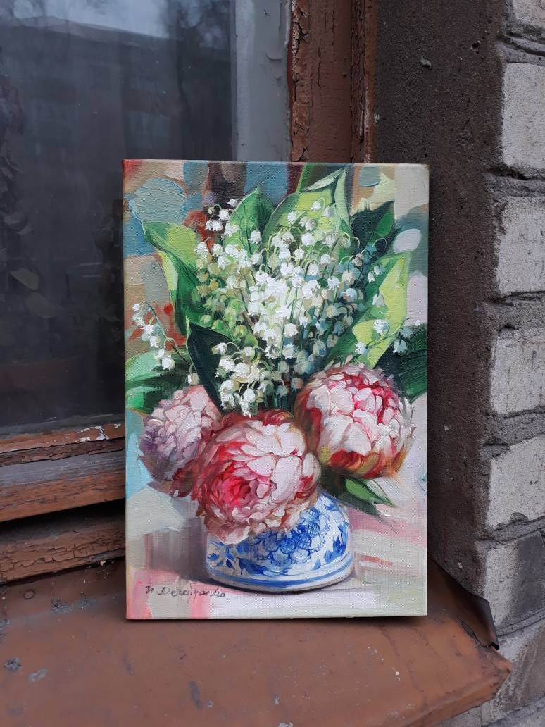 Peony flowers oil painting original on canvas Lily of the valley art, Pink floral wall art godmother gift