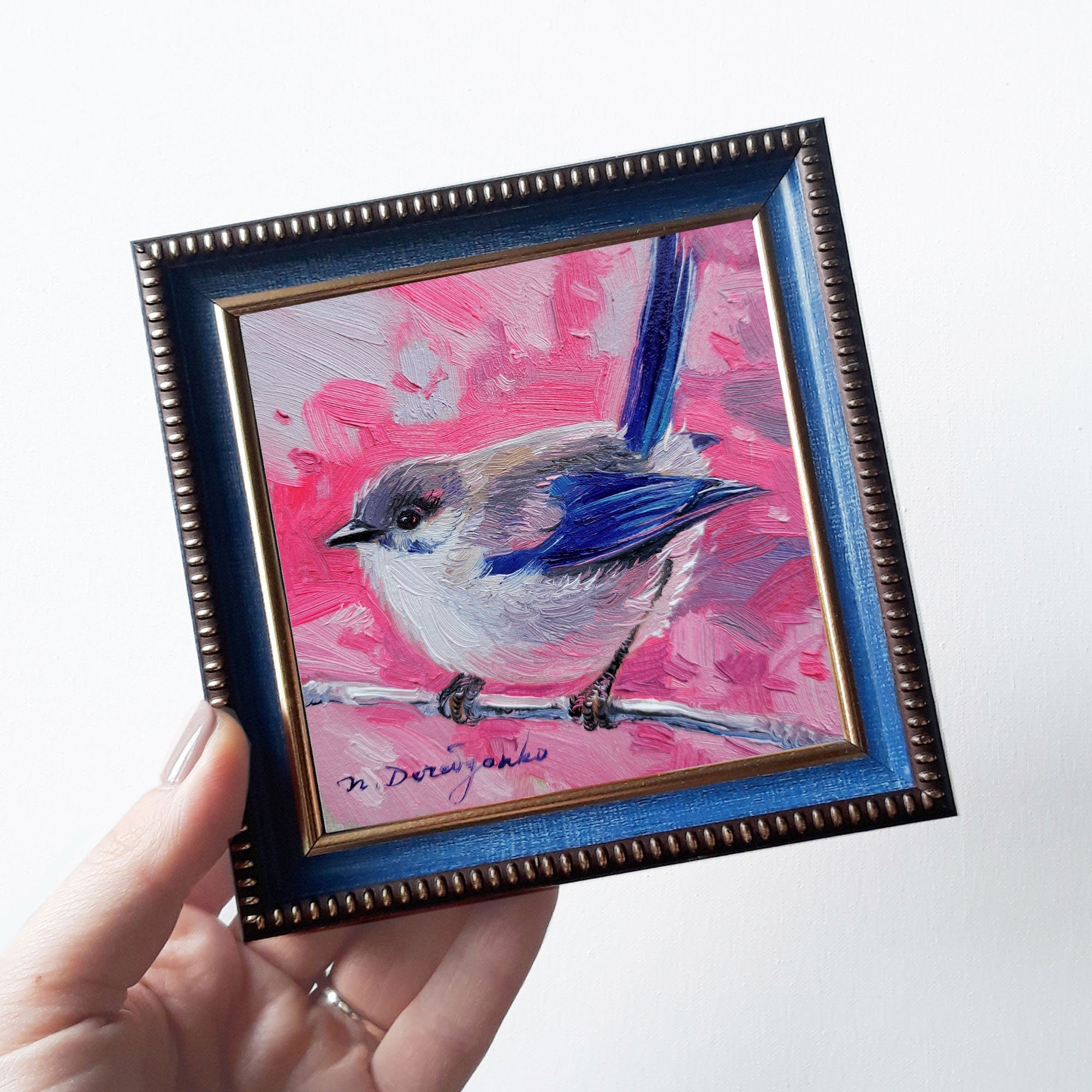 Small oil painting original Bird painting 4x4, Blue bird picture frame Fairy-wren bird artwork, Small frame art bird gift idea