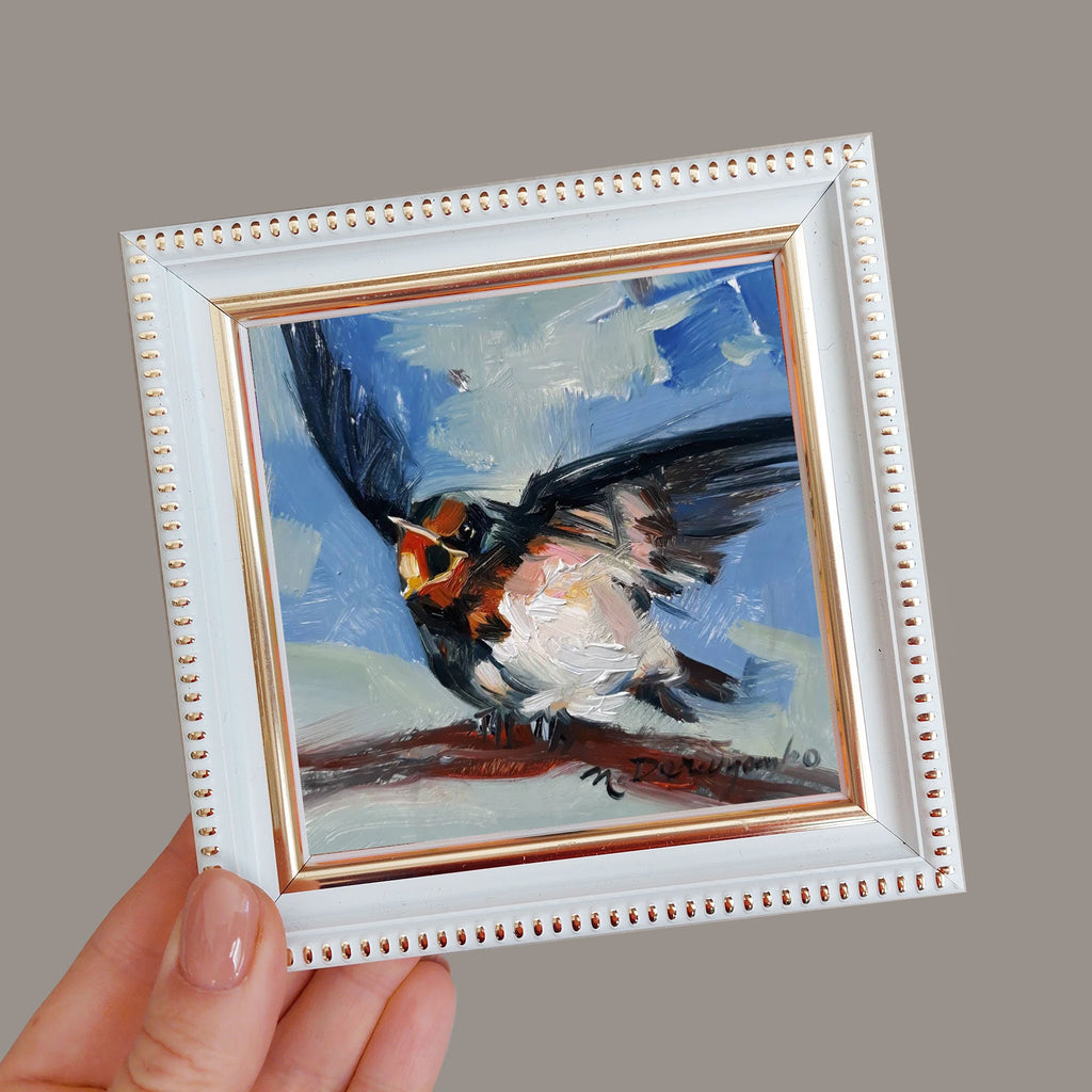 Swallow bird art painting 4x4 in frame, Cheeper picture framed, Yellow blind hand painted artwork for nursery