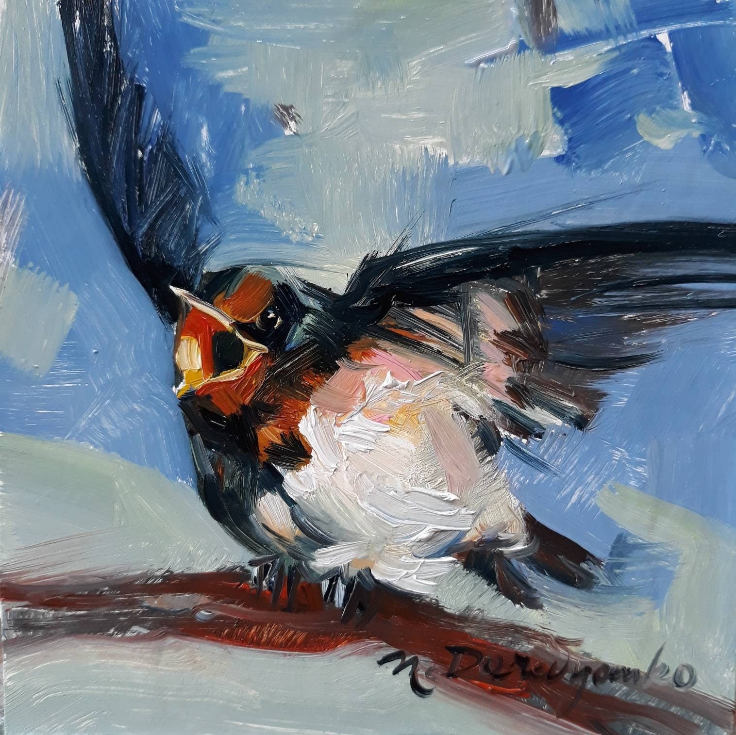Swallow bird art painting 4x4 in frame, Cheeper picture framed, Yellow blind hand painted artwork for nursery