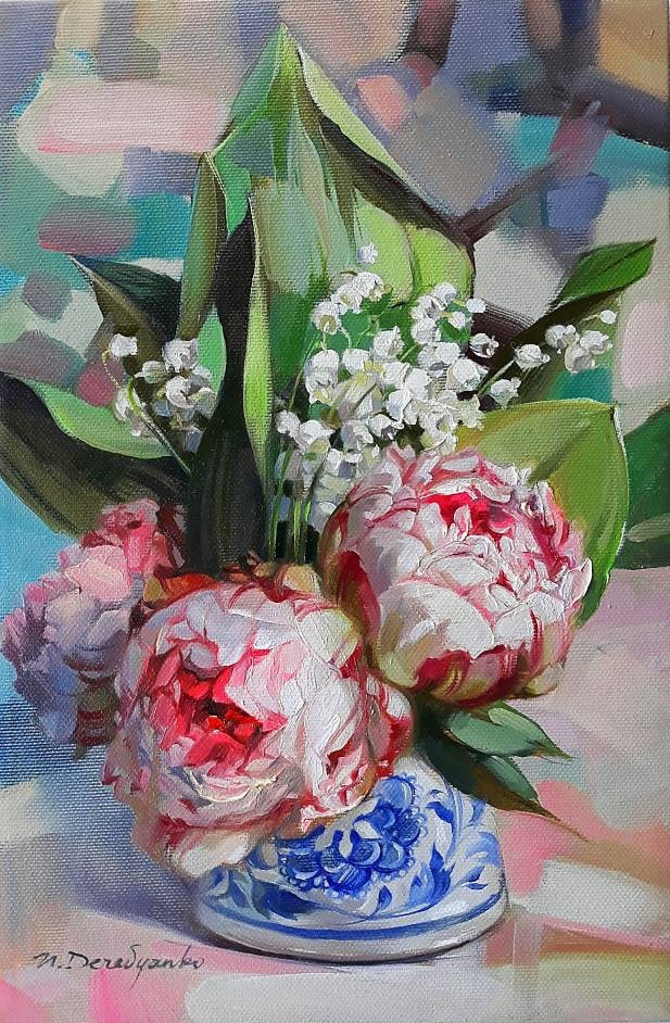 Peony flowers oil painting original on canvas Lily of the valley art, Pink floral wall art godmother gift