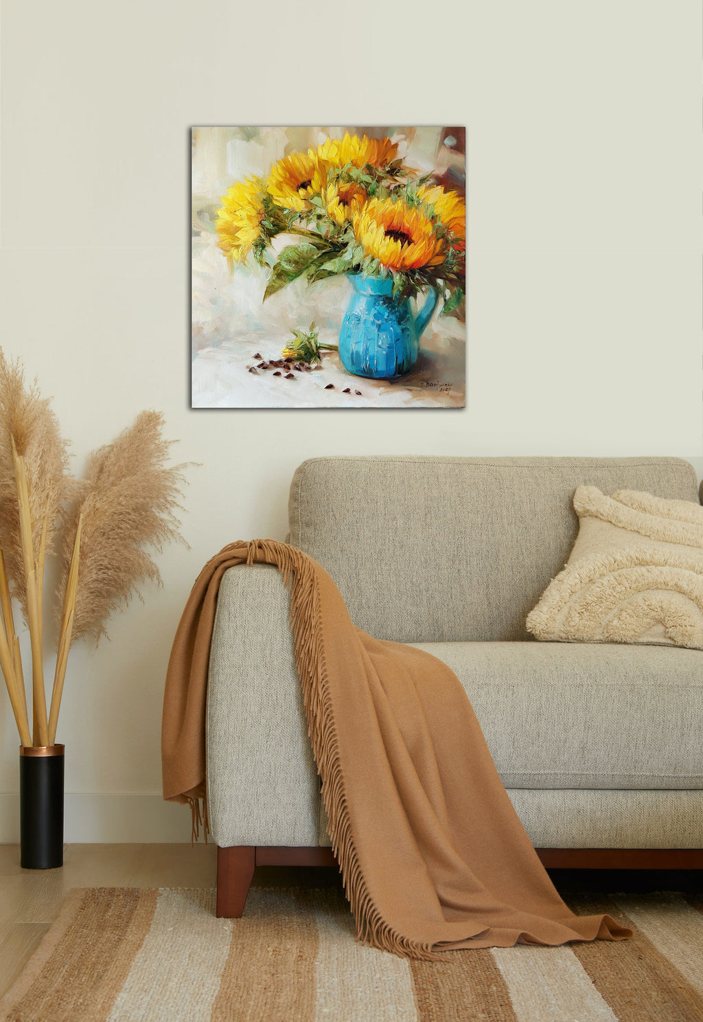 Large floral paintings on canvas original, Sunflowers in turquoise vase oil painting, Yellow flowers wall art decor Easter gift