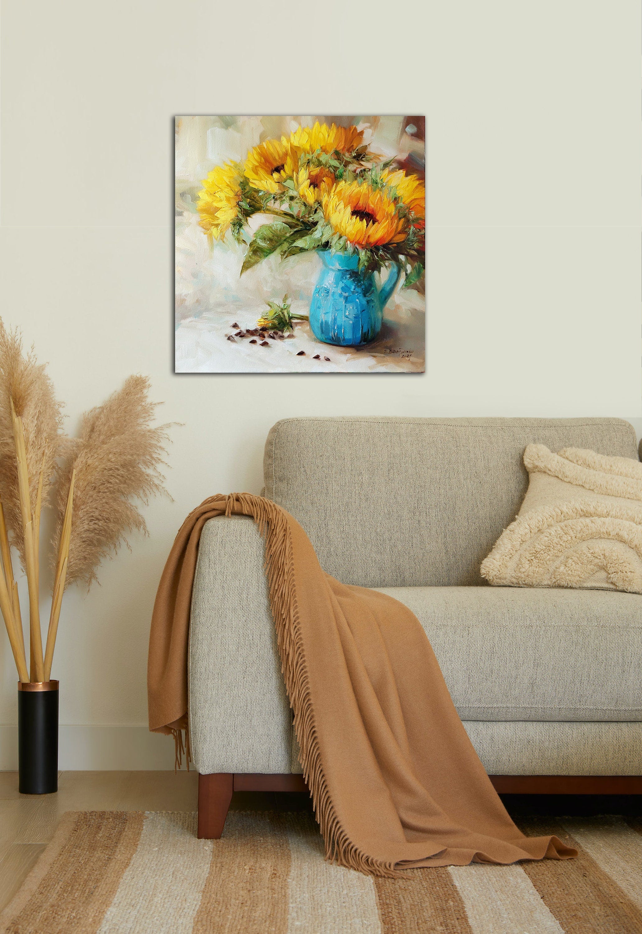 Large floral paintings on canvas original, Sunflowers in turquoise vase oil painting, Yellow flowers wall art decor Easter gift