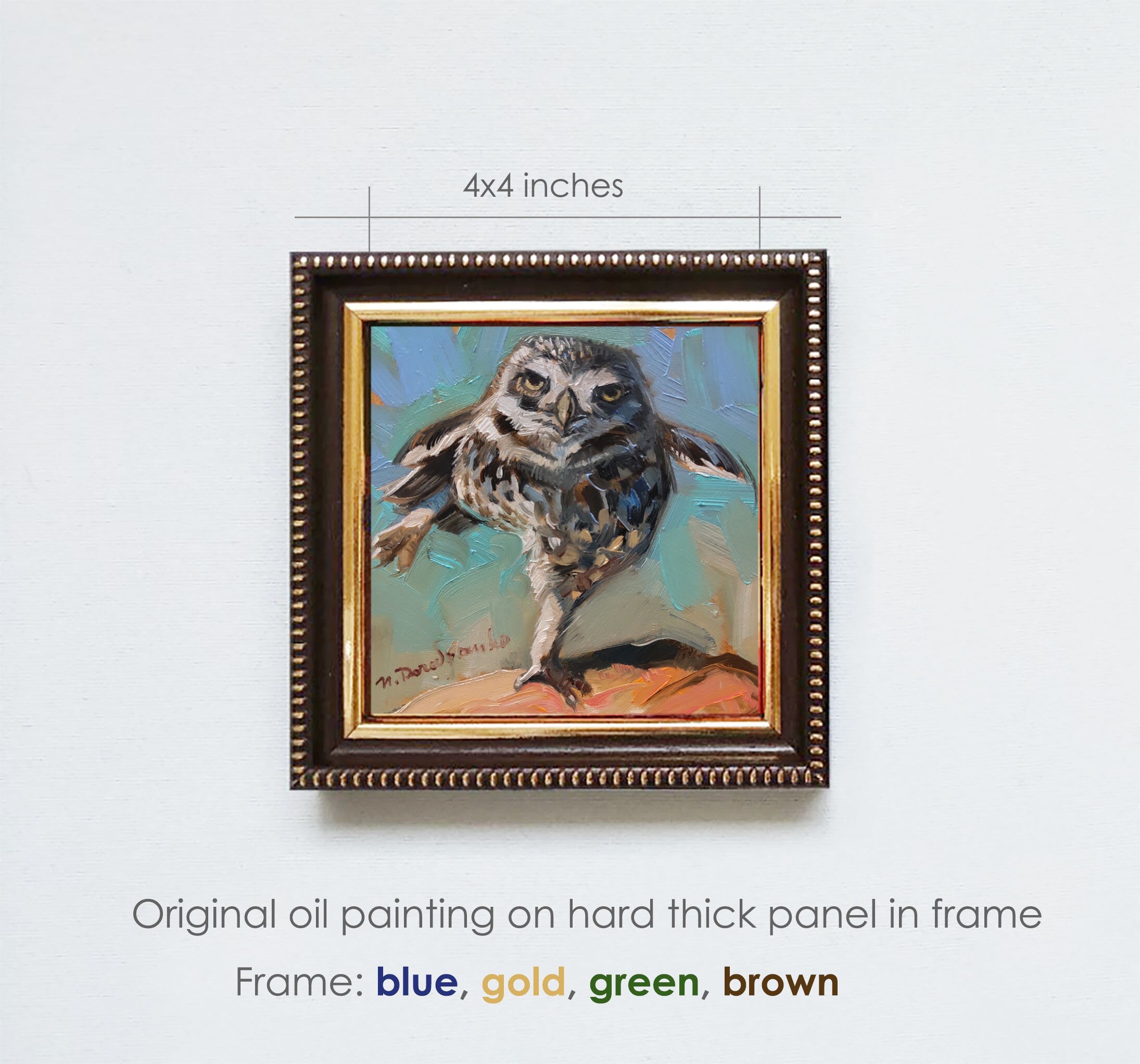 Owl bird painting original in frame Small artwork framed, Bird wall art framed artwork teacher appreciation gift
