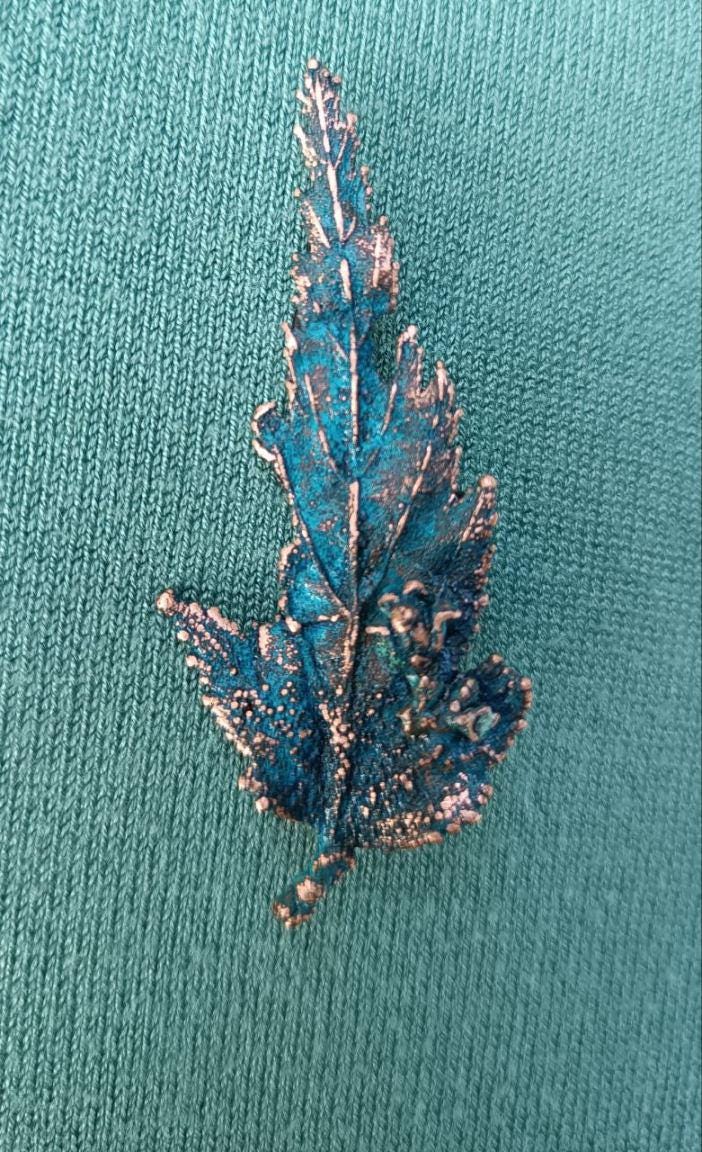 Brooch made from natural sheet of wood in copper - a unique boho-style accessory, Blue patina cooper jewelry handmade