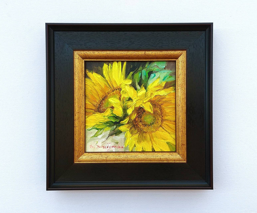 Dipinto ad olio floreale girasoli originale incorniciato 6x6, regalo di mamma dalla figlia, due fiori gialli wall art decor