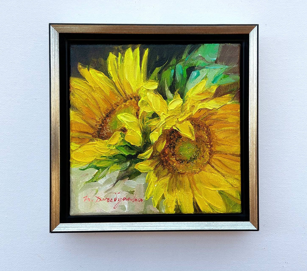 Dipinto ad olio floreale girasoli originale incorniciato 6x6, regalo di mamma dalla figlia, due fiori gialli wall art decor