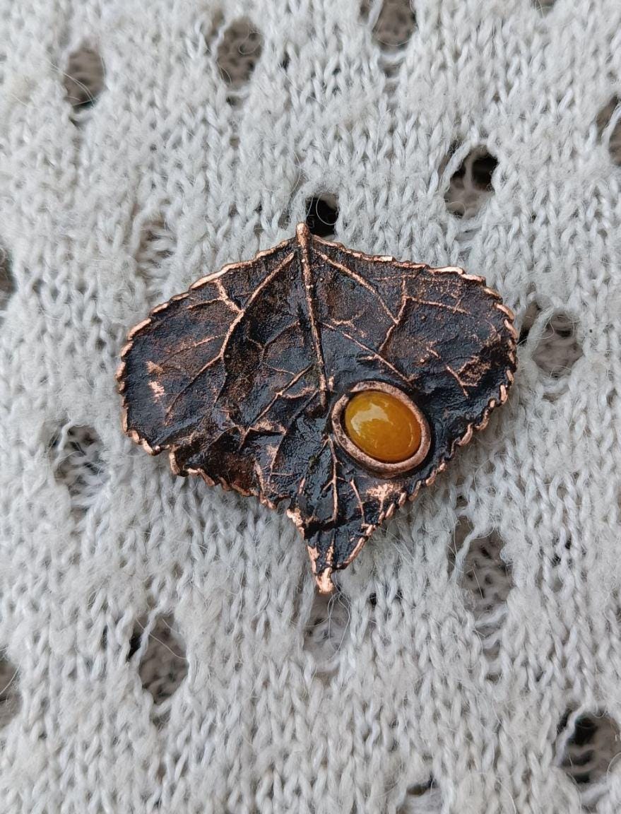 Brooch Copper Natural Poplar Leaf  — Unique Boho-Style Handmade Jewelry Valentines gift for sister
