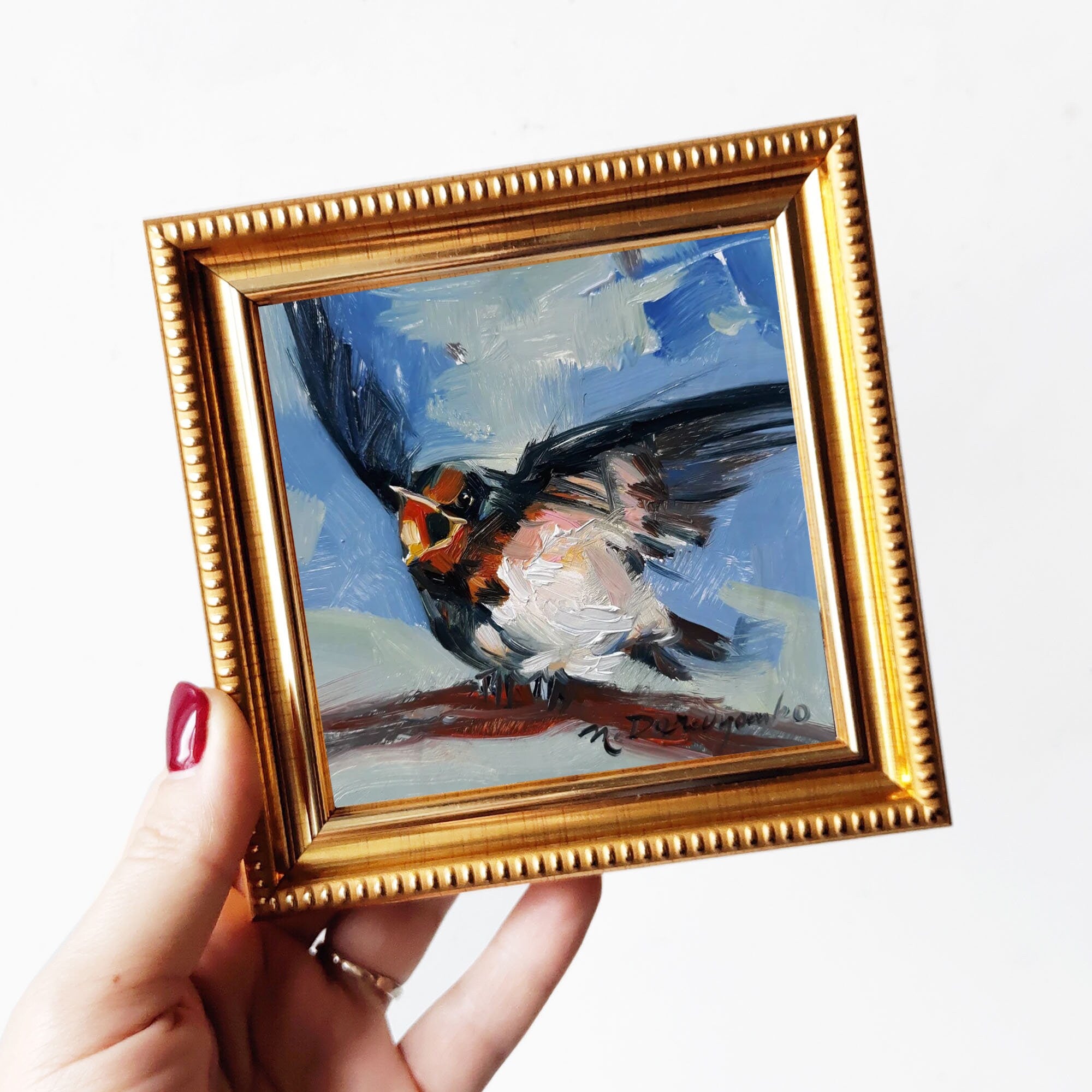 Swallow bird art painting 4x4 in frame, Cheeper picture framed, Yellow blind hand painted artwork for nursery