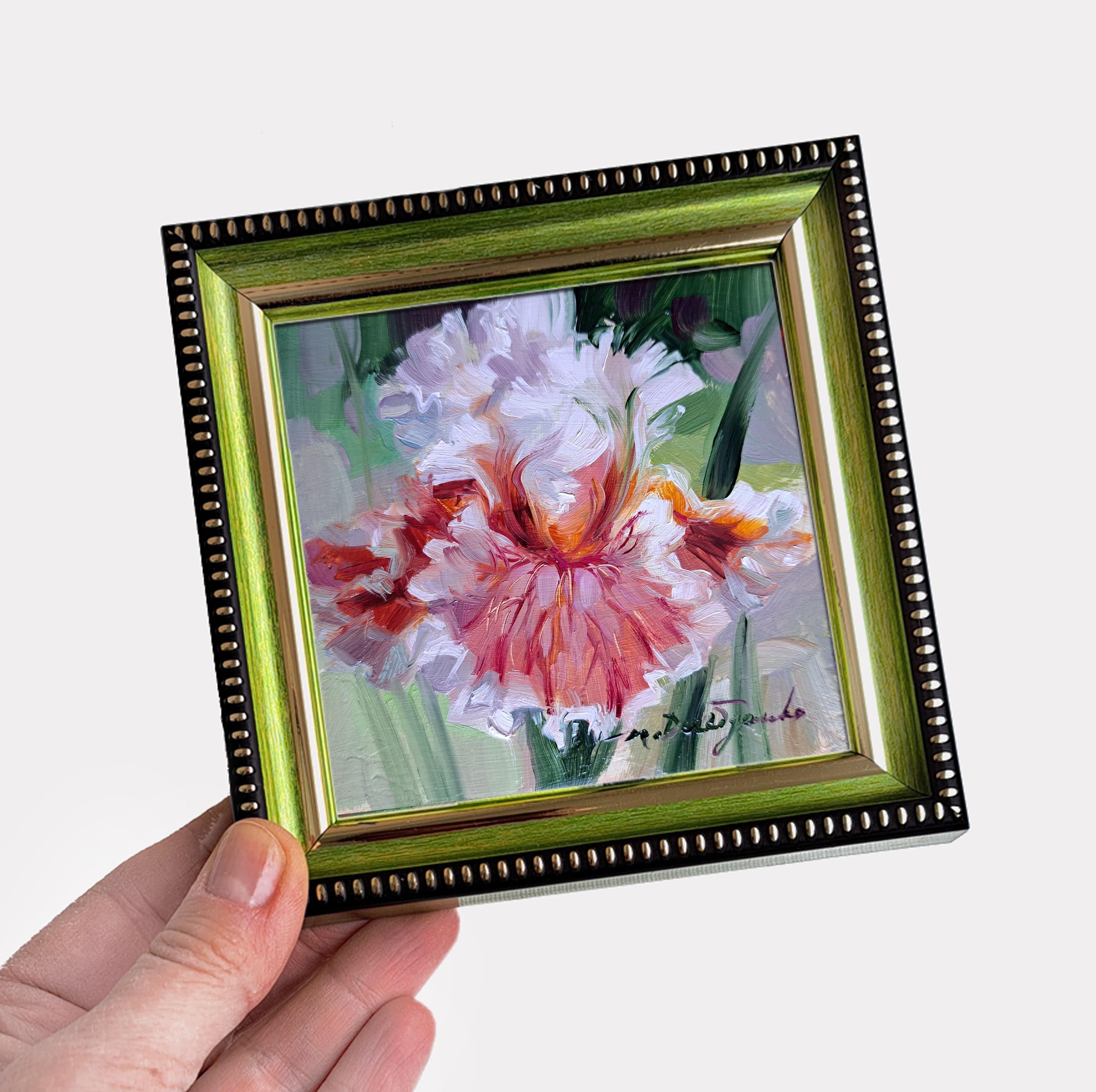 Iris flower paintings miniature original 4x4, Birthday gift for Mom, Floral arrangement unique redblooming Small framed flower art decor