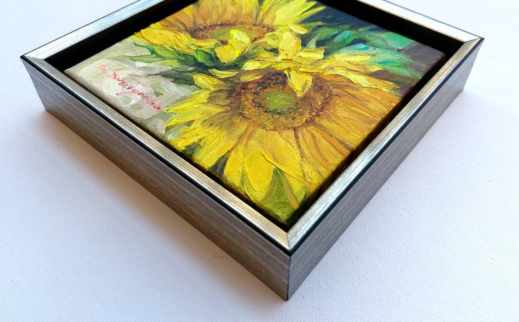 Dipinto ad olio floreale girasoli originale incorniciato 6x6, regalo di mamma dalla figlia, due fiori gialli wall art decor