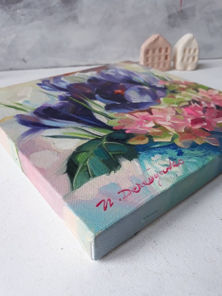 Purple flower painting original oil art, Floral oil painting vintage Hydrangea art Crocus, Impressionist paintings on canvas