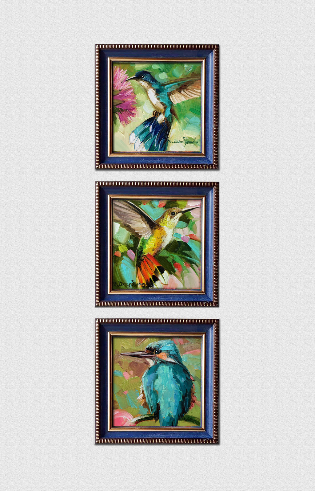 Hummingbird painting original oil art 4x4 in blue frame, Bird oil painting framed green wall art, Mothers day gift from daughter