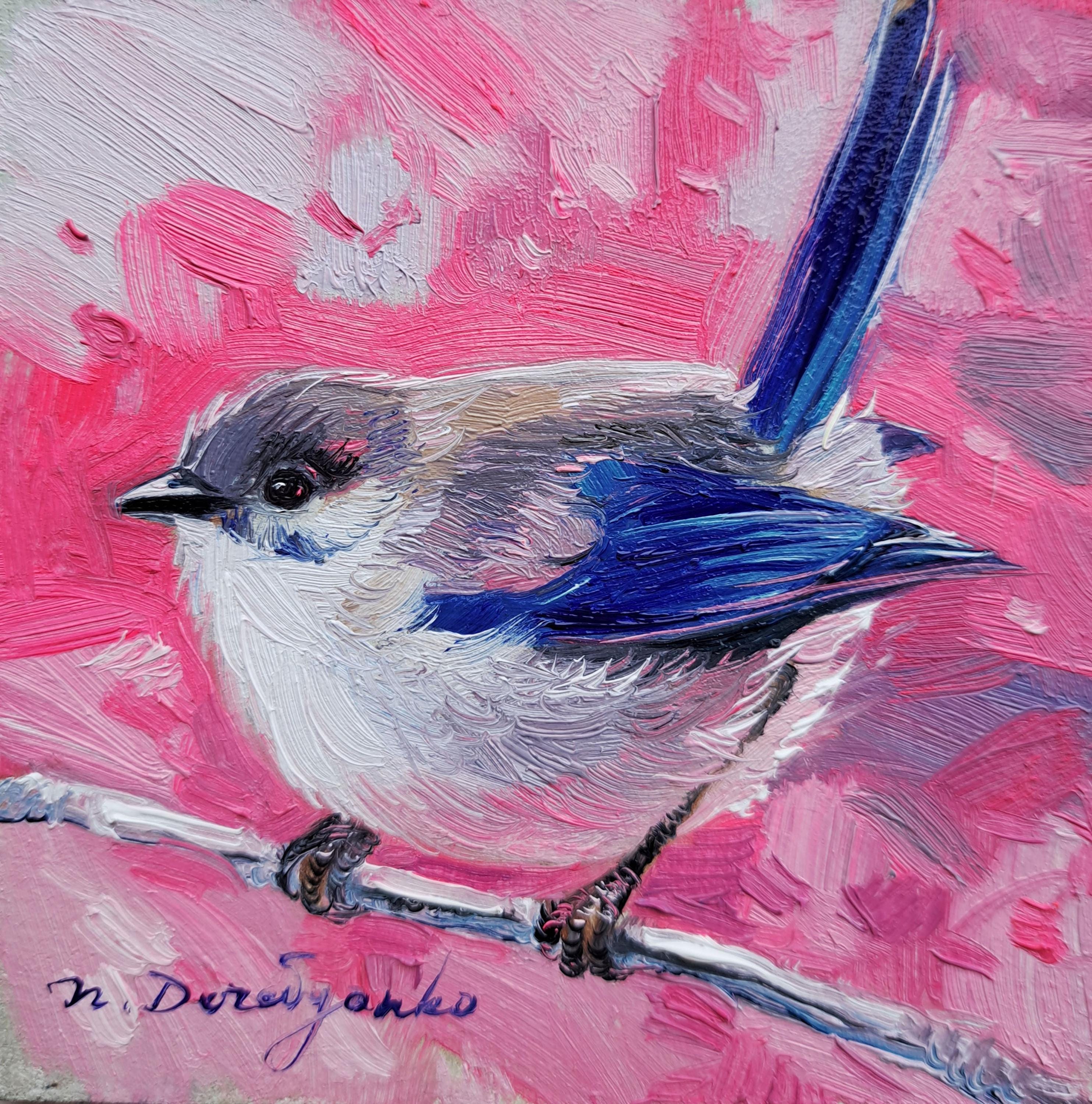 Small oil painting original Bird painting 4x4, Blue bird picture frame Fairy-wren bird artwork, Small frame art bird gift idea