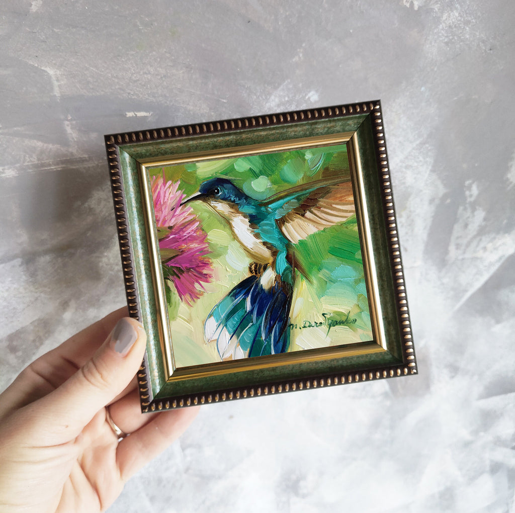 Hummingbird painting original oil art 4x4 in blue frame, Bird oil painting framed green wall art, Mothers day gift from daughter