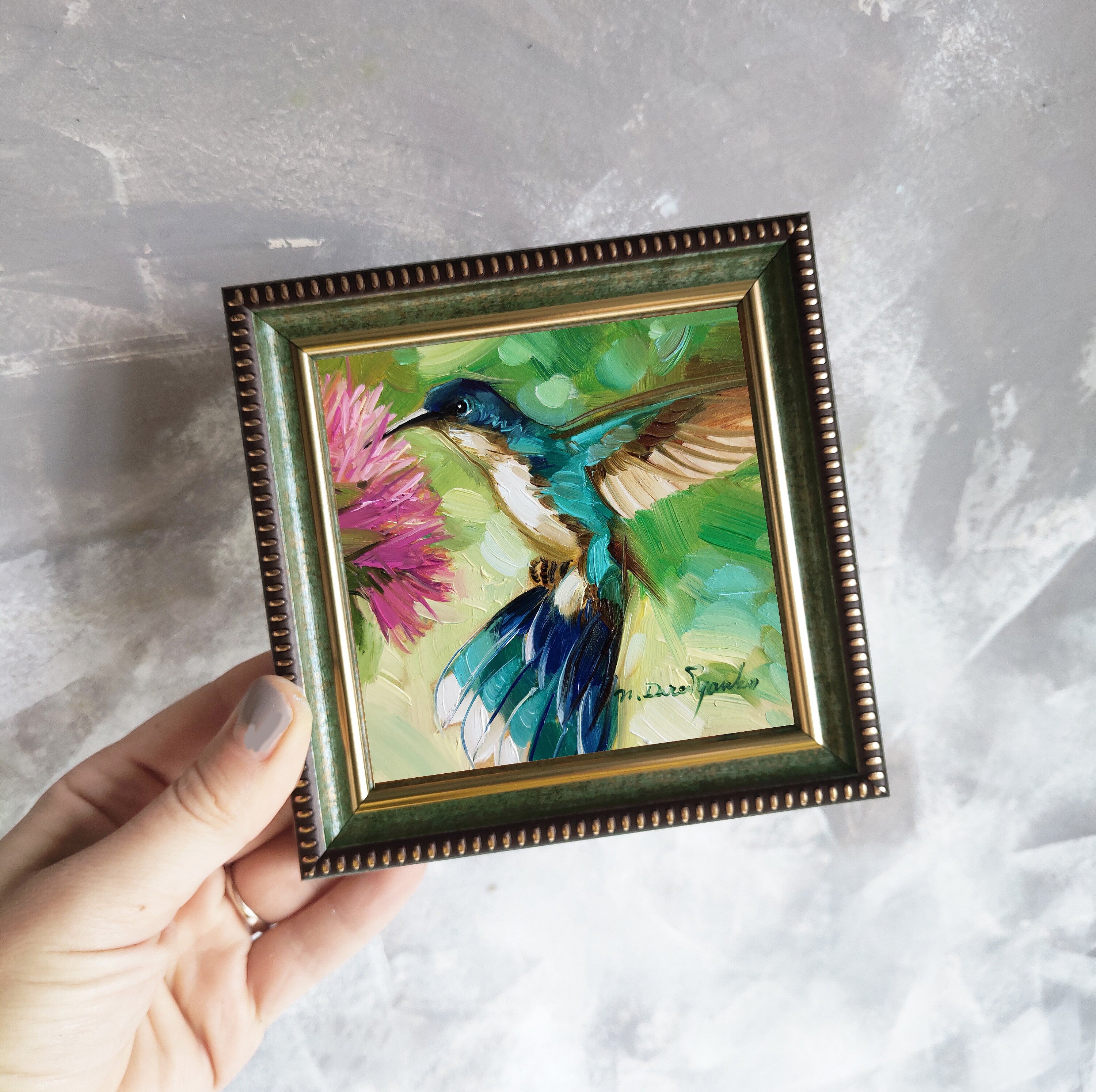 Hummingbird painting original oil art 4x4 in blue frame, Bird oil painting framed green wall art, Mothers day gift from daughter