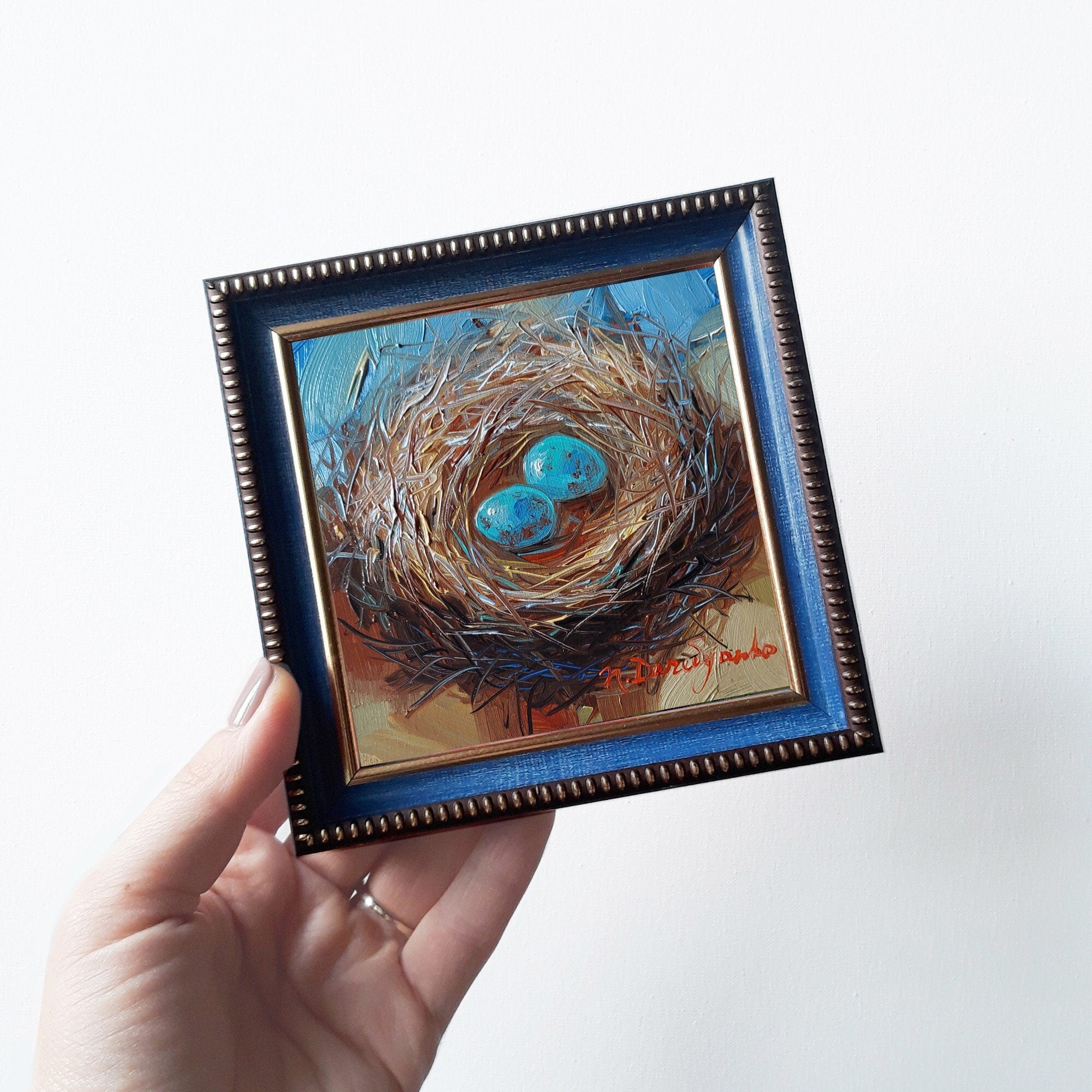 Nest oil painting original 4x4 in frame, Two blu bird egg miniature oil painting wall art framed, Small framed art Mom day gift
