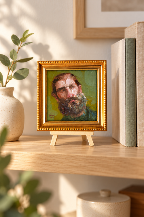 Bearded Man portrait oil painting original 4x4 in - One of kind, Just like you