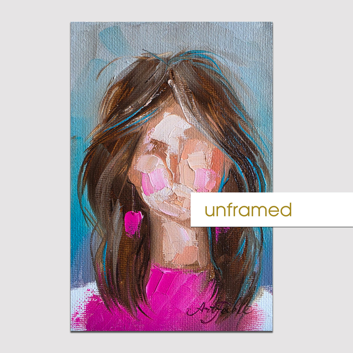 Girl oil painting original 4x6 inch, Pink portrait