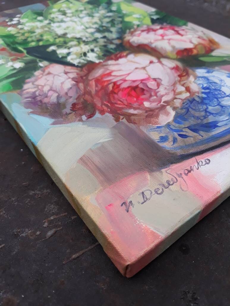 Peony flowers oil painting original on canvas Lily of the valley art, Pink floral wall art godmother gift