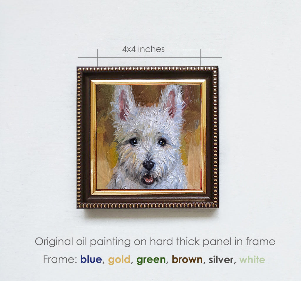 Small dog oil painting original artwork, Custom Pet portrait oil art mini gift White Terrier painting from photo 4x4 in frame