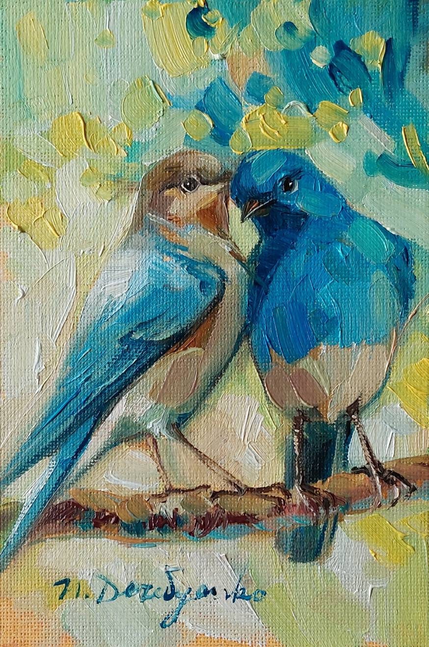 Two bird painting original canvas in wood frame, Bluebird oil painting, Bird art in frame, Small art framed love painting gift