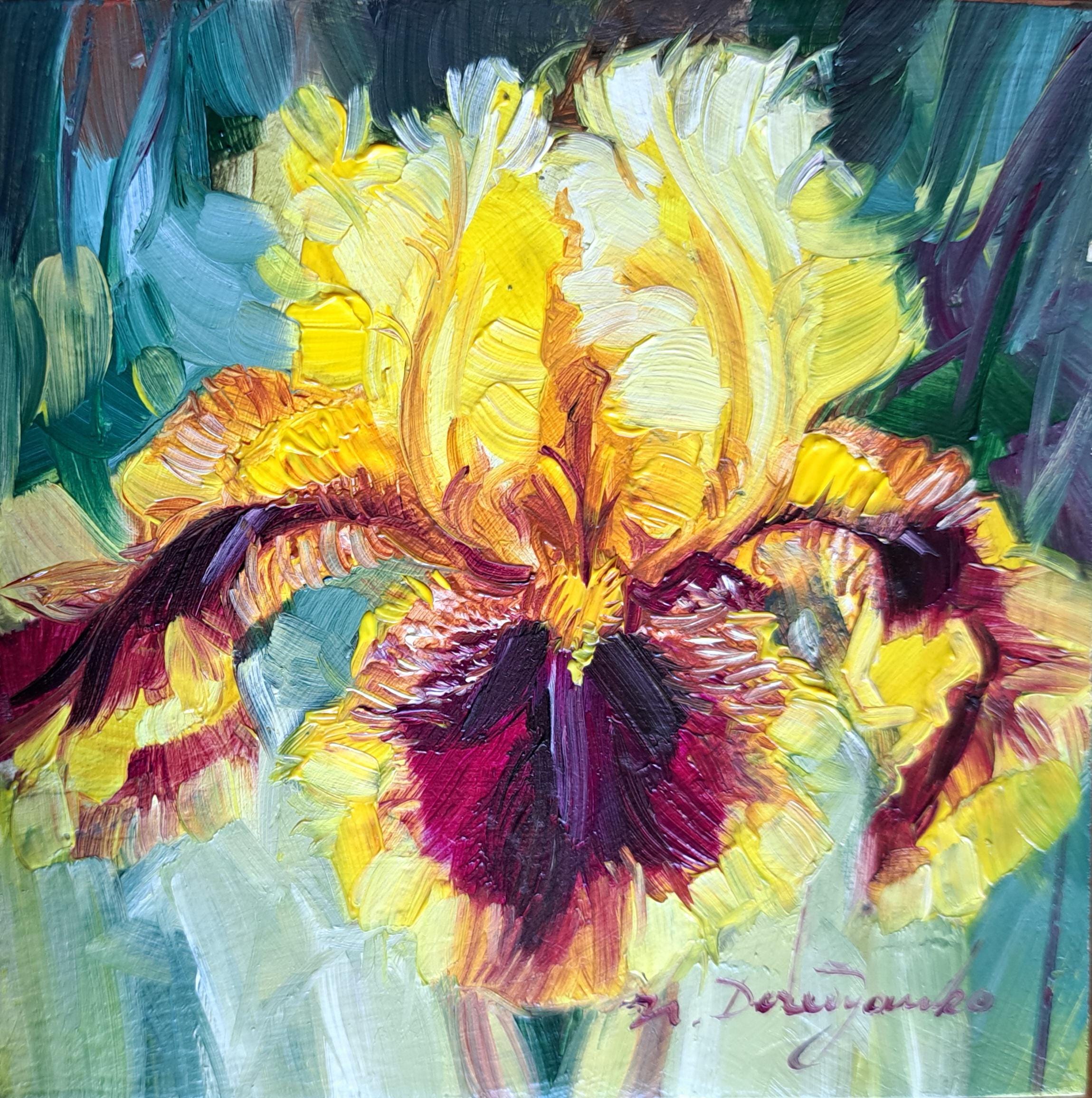 Iris yellow flower oil paintings original 4x4, Birthflower gift miniature Unique purple Small framed flower art newlywed gift decor
