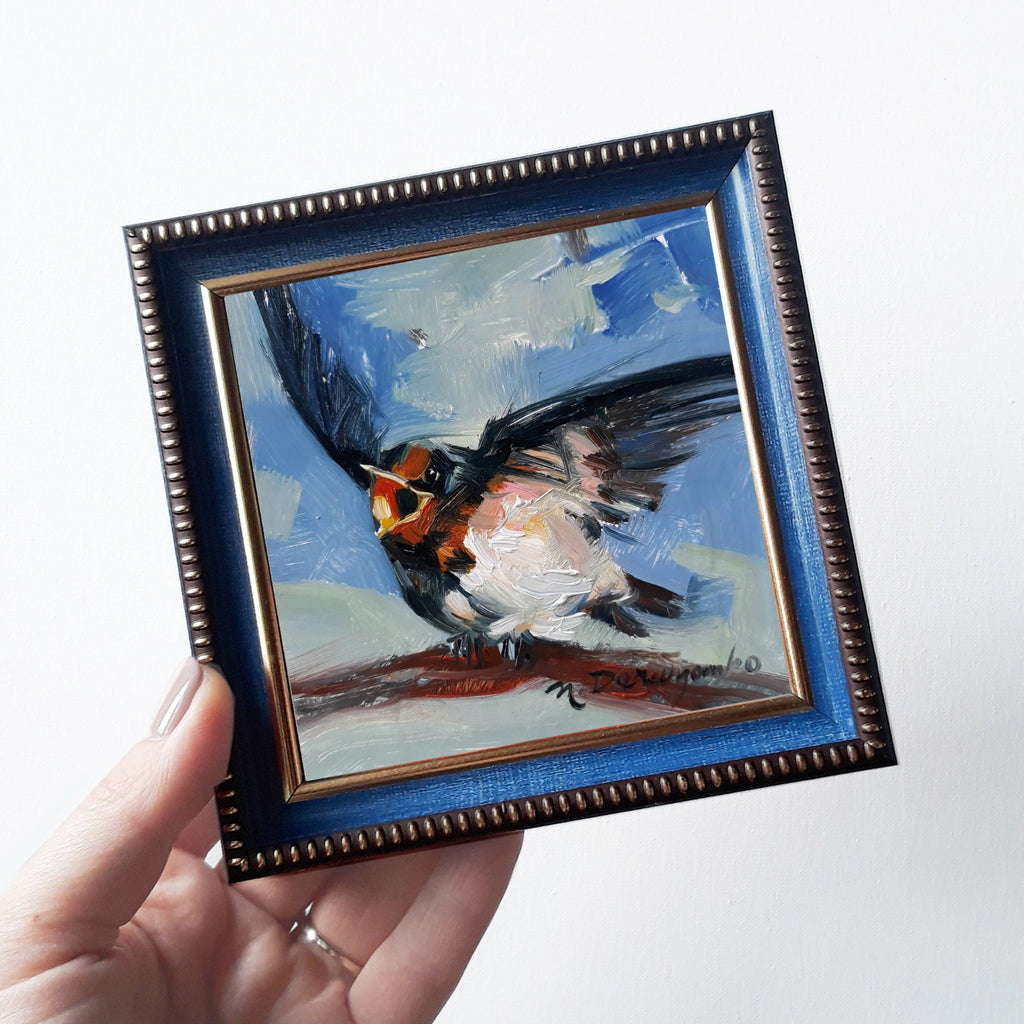 Swallow bird art painting 4x4 in frame, Cheeper picture framed, Yellow blind hand painted artwork for nursery