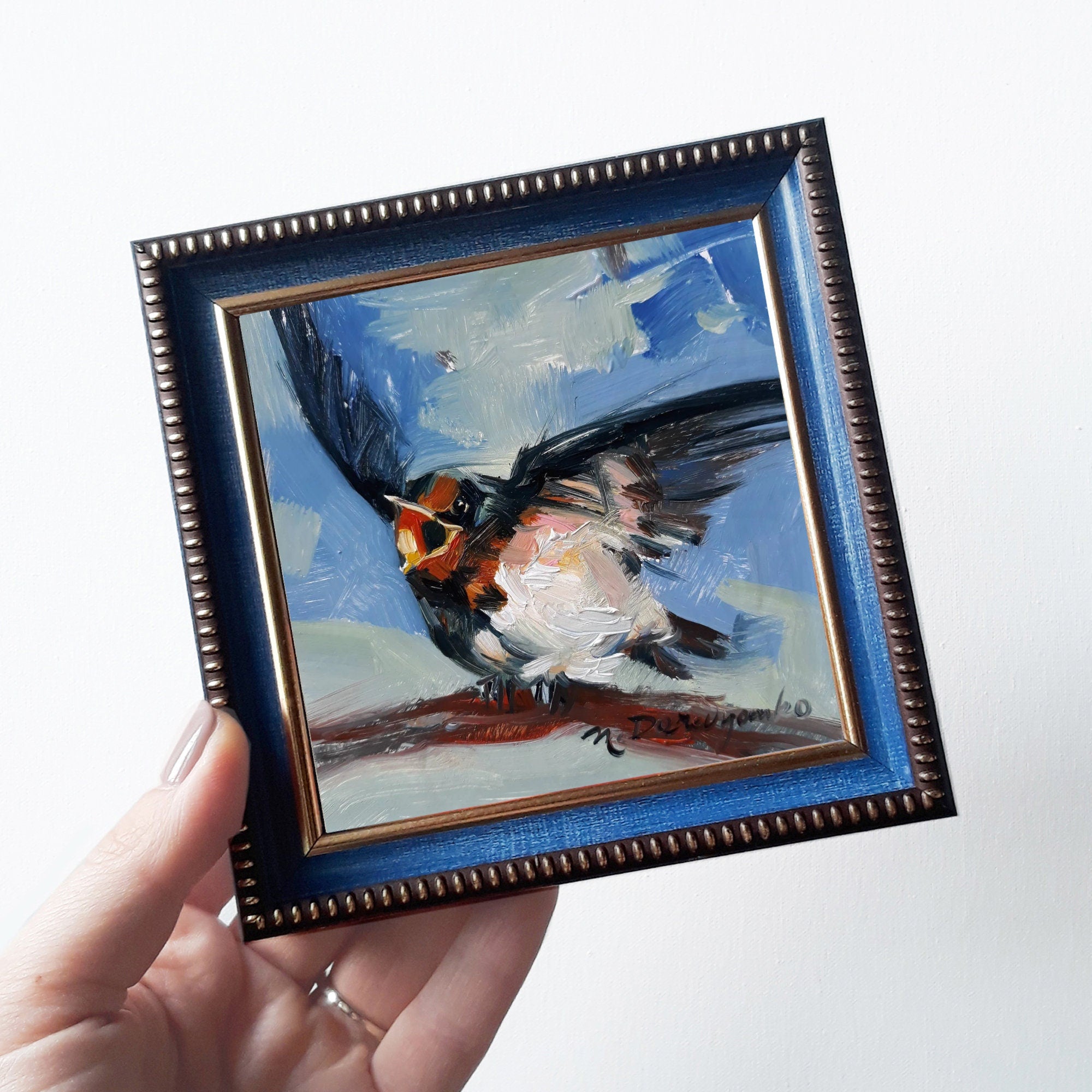 Swallow bird art painting 4x4 in frame, Cheeper picture framed, Yellow blind hand painted artwork for nursery