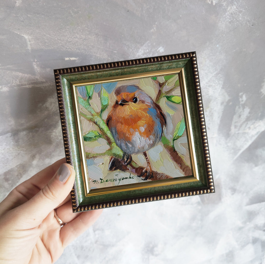 Robin bird on brunch pittura ad olio originale, Piccolo uccello dipinto incorniciato 4x4, Piccola cornice arte