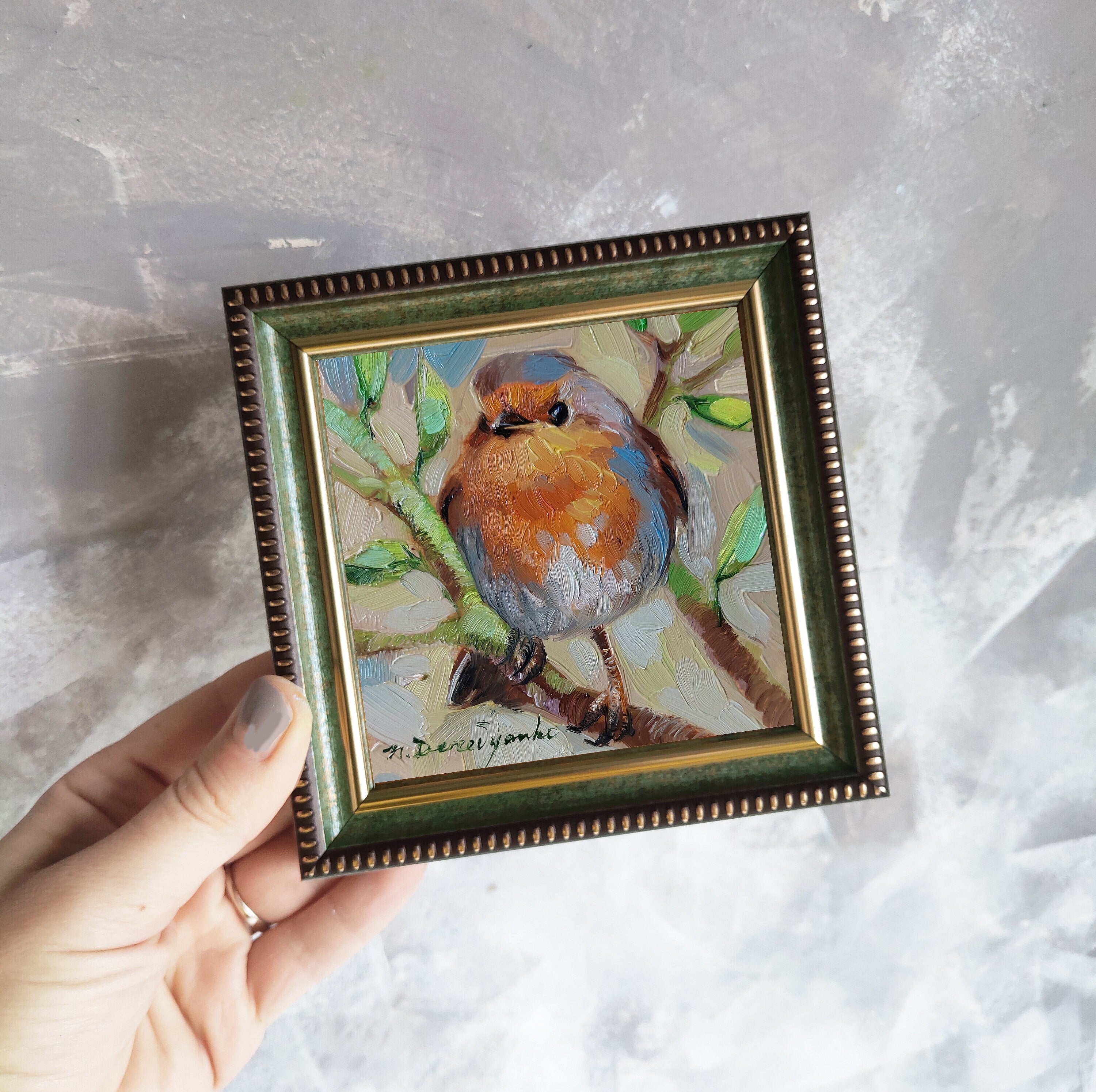 Robin bird on brunch pittura ad olio originale, Piccolo uccello dipinto incorniciato 4x4, Piccola cornice arte