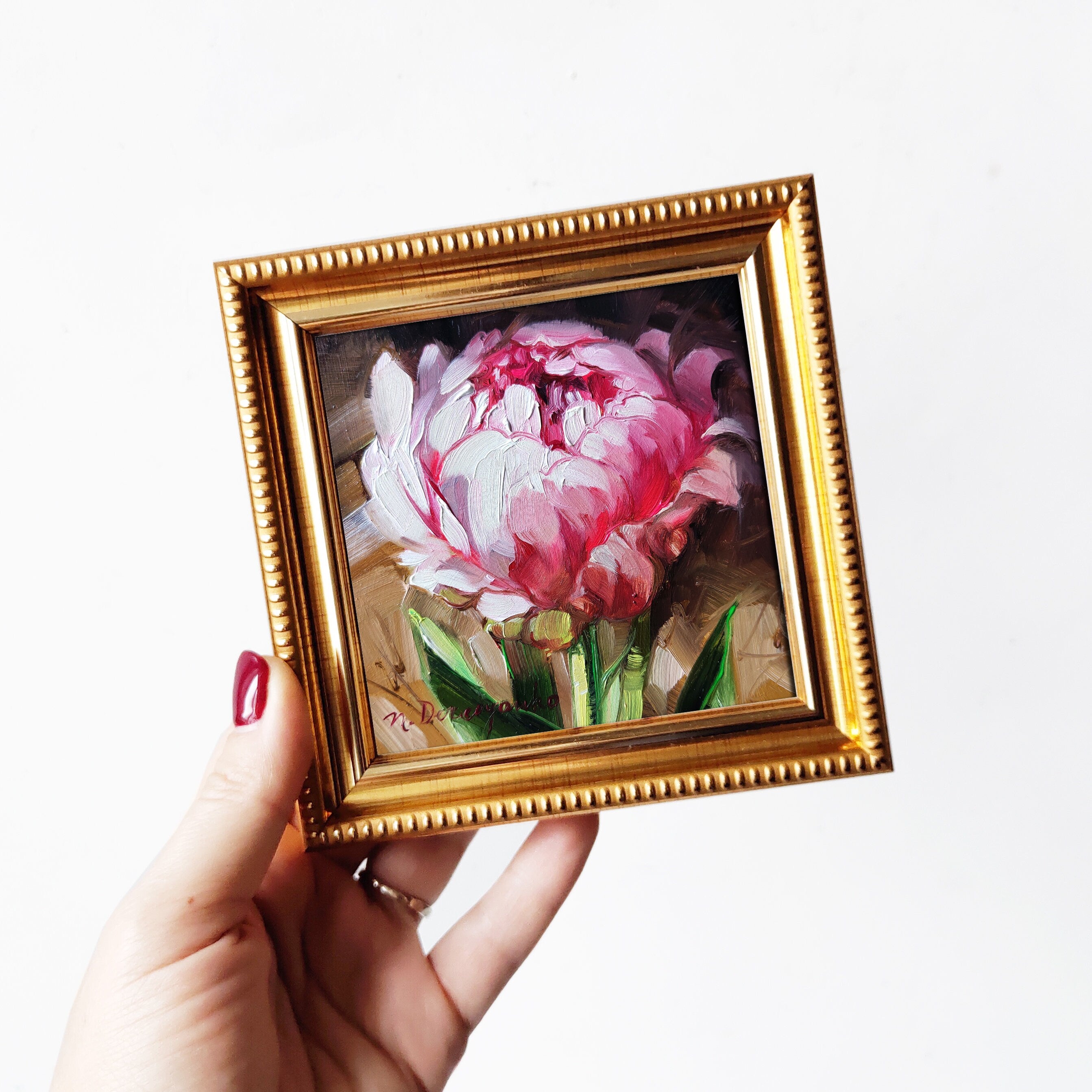 Small painting pink flowers original, Unique peony wall art, Peonies art gift for sister