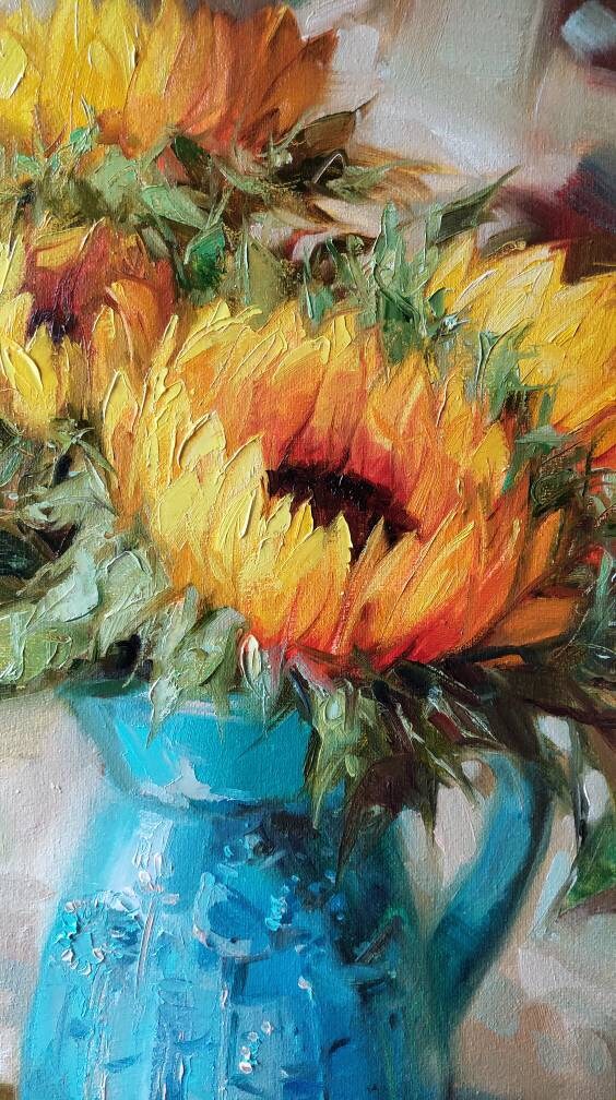 Large floral paintings on canvas original, Sunflowers in turquoise vase oil painting, Yellow flowers wall art decor Easter gift