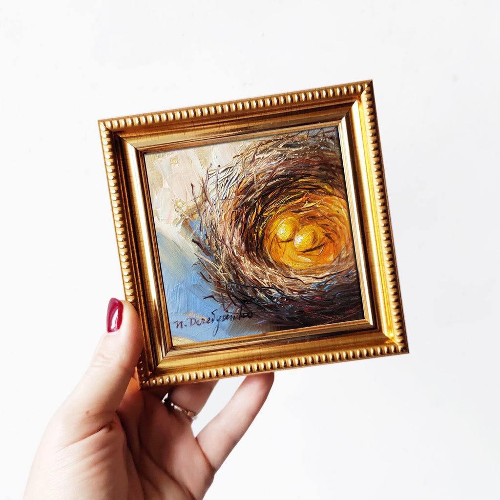 Nest bird oi painting original 4x4 in frame, Two gold egg miniature painting wall art framed, Small painting Valentines day gift
