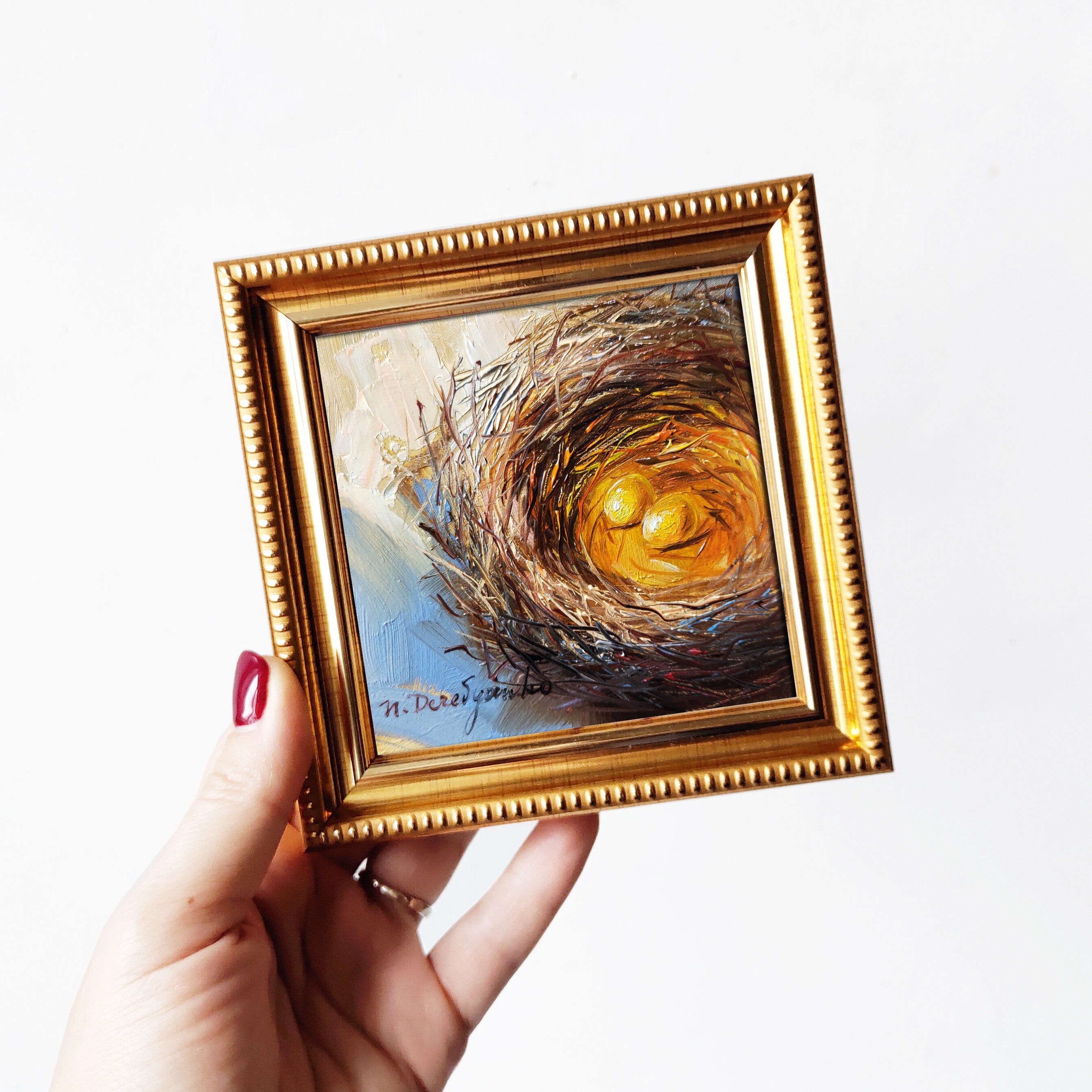 Nest bird oi painting original 4x4 in frame, Two gold egg miniature painting wall art framed, Small painting Valentines day gift