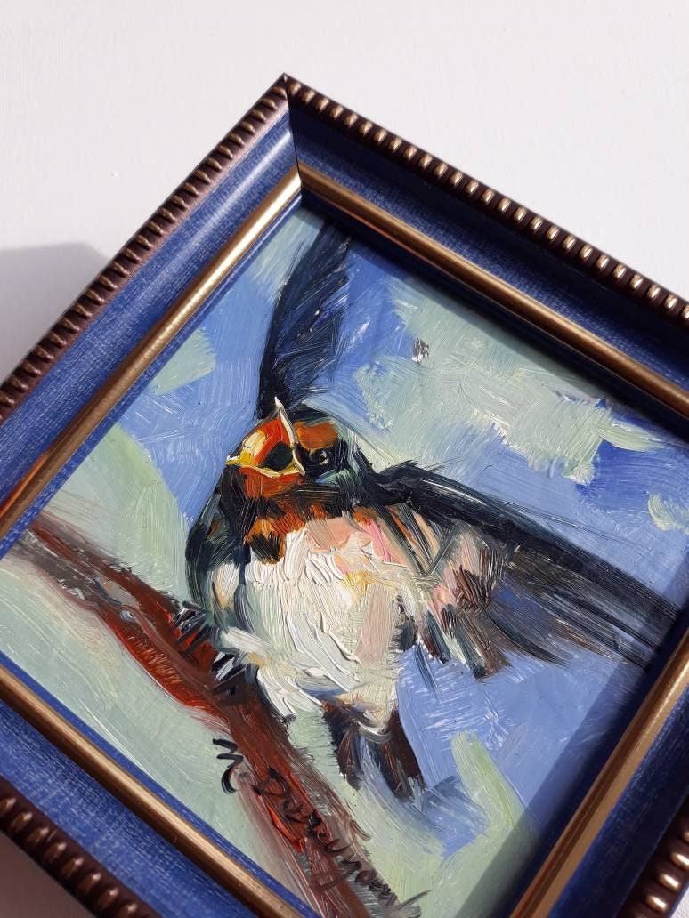 Swallow bird art painting 4x4 in frame, Cheeper picture framed, Yellow blind hand painted artwork for nursery