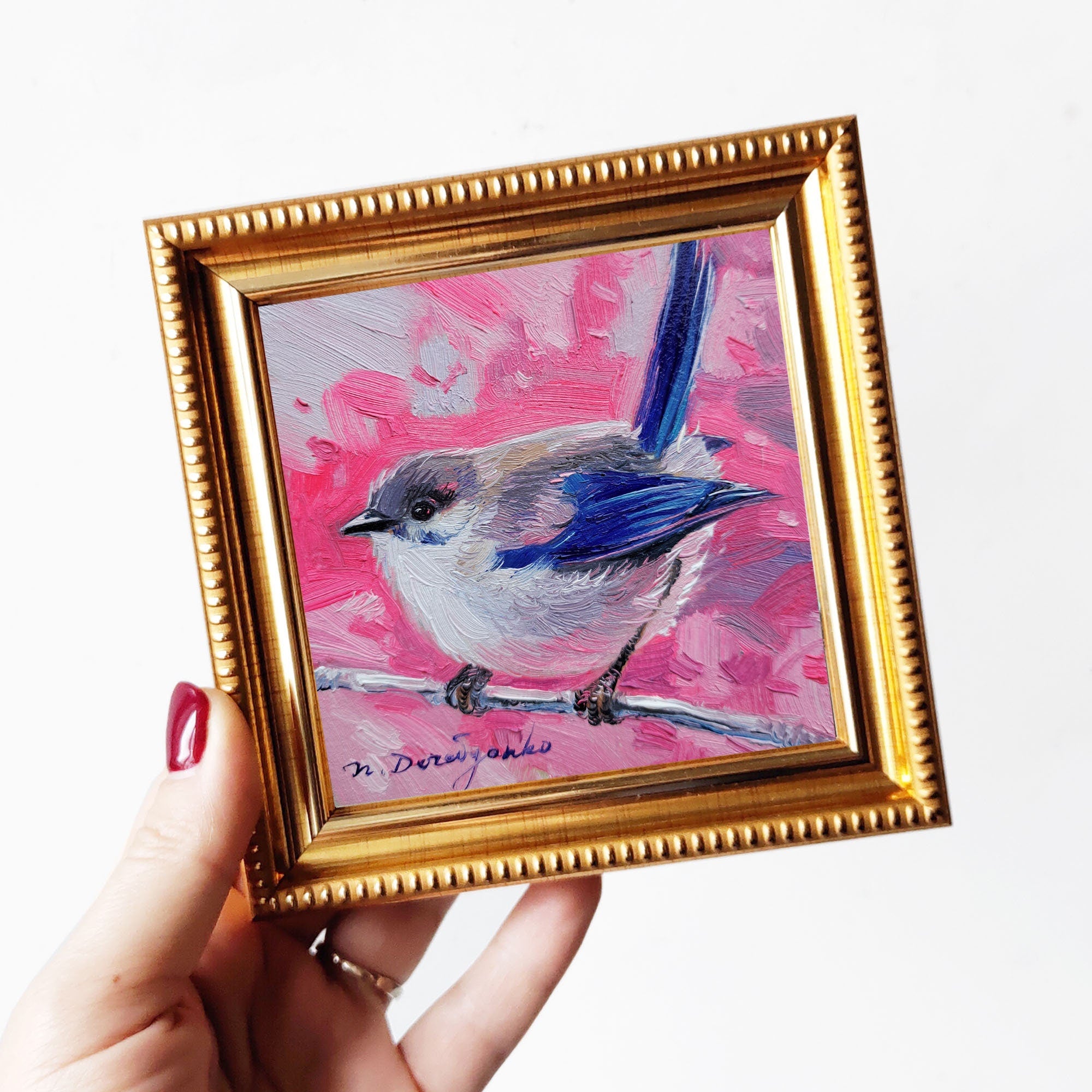 Small oil painting original Bird painting 4x4, Blue bird picture frame Fairy-wren bird artwork, Small frame art bird gift idea