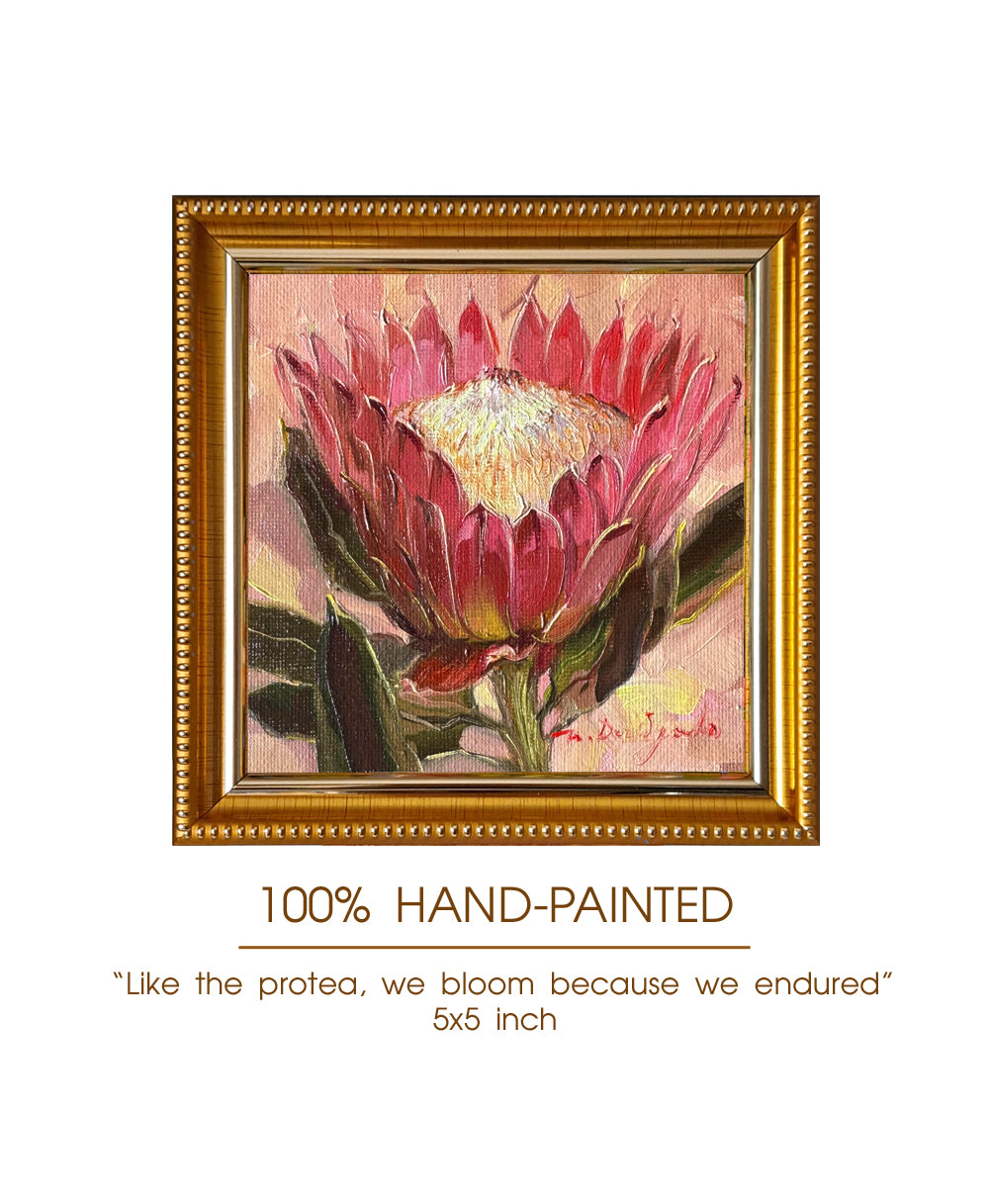 Protea oil painting original framed 5x5 inch