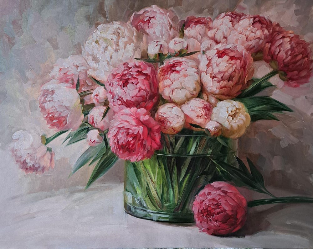 Peony oil painting in glass vase