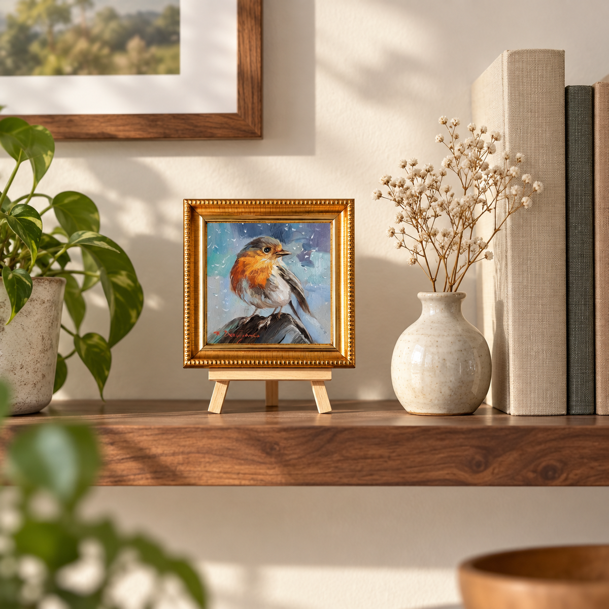 Robin bird painting original art 4x4 in