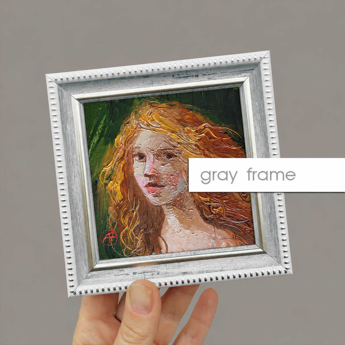 Red hair Girl portrait oil painting original 4x4 in